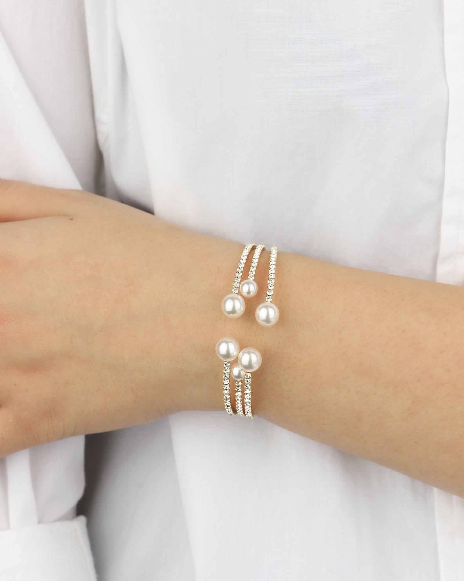 3 Row Crystal Pearl Ball Cuff Gold Tone, White Crystal