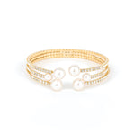 3 Row Crystal Pearl Ball Cuff Gold Tone, White Crystal