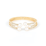 3 Row Crystal Pearl Ball Cuff Gold Tone, White Crystal