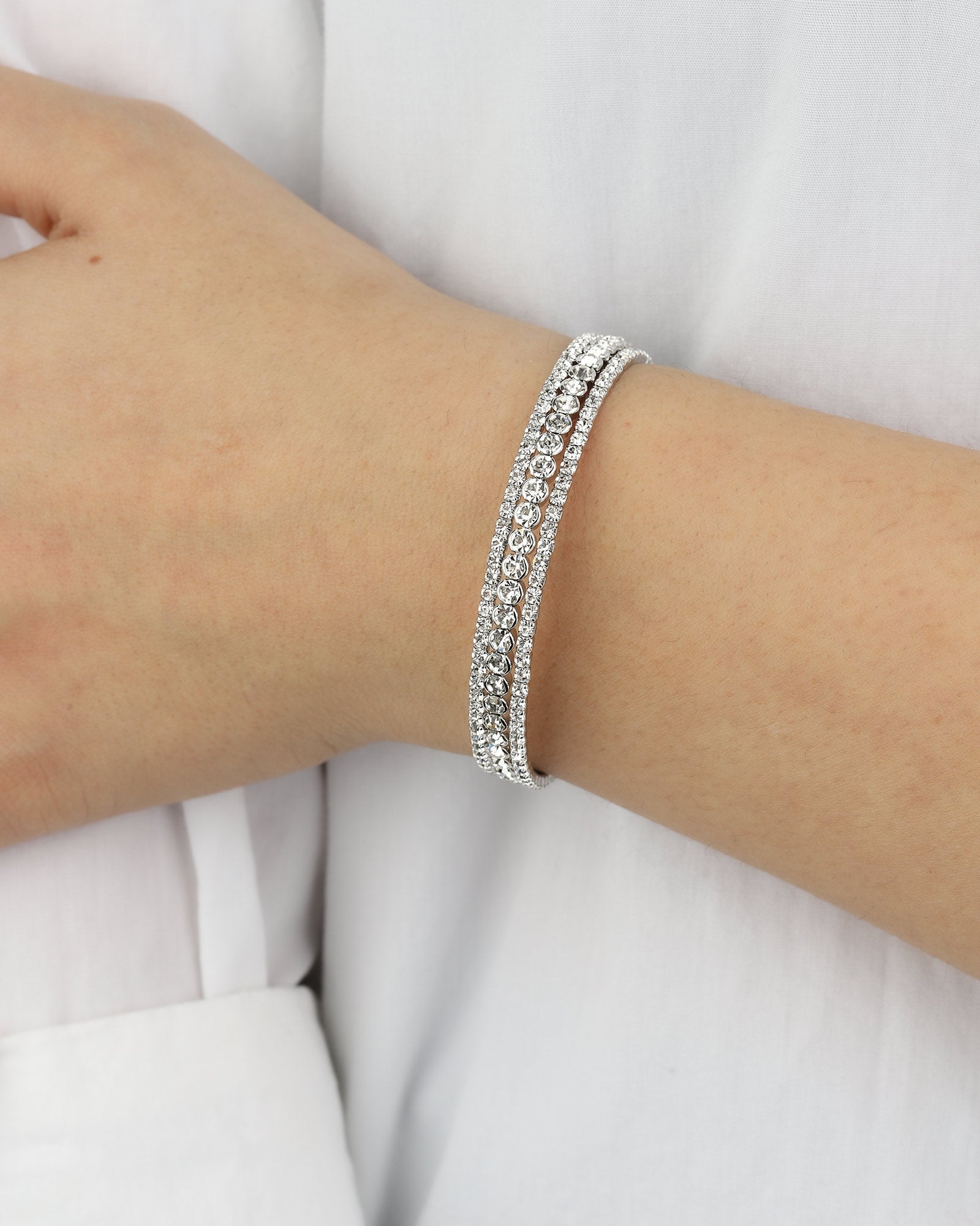 3 Row Crystal Cuff Silver Tone, White Crystal
