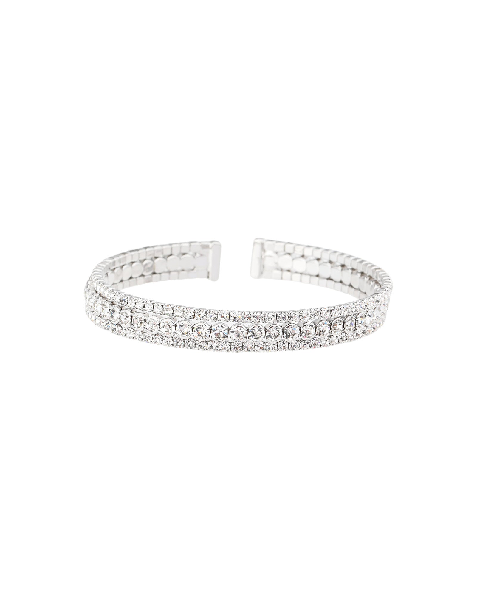 3 Row Crystal Cuff Silver Tone, White Crystal