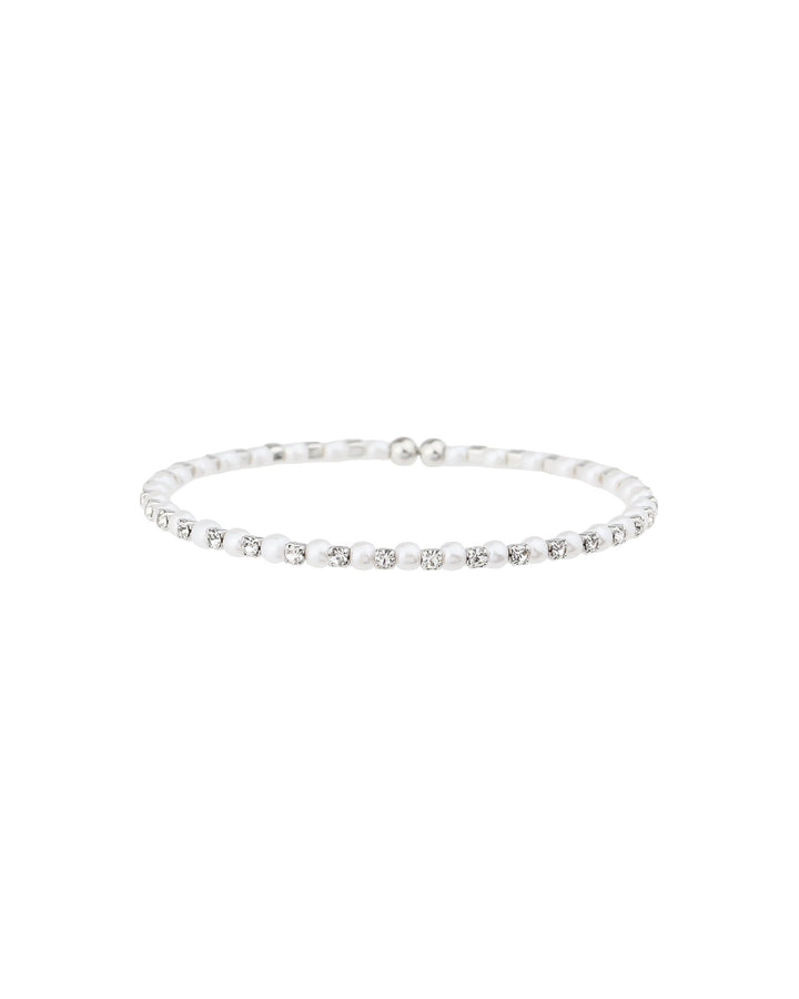 1 Row Crystal Pearl Coil Cuff Silver Tone, White Crystal