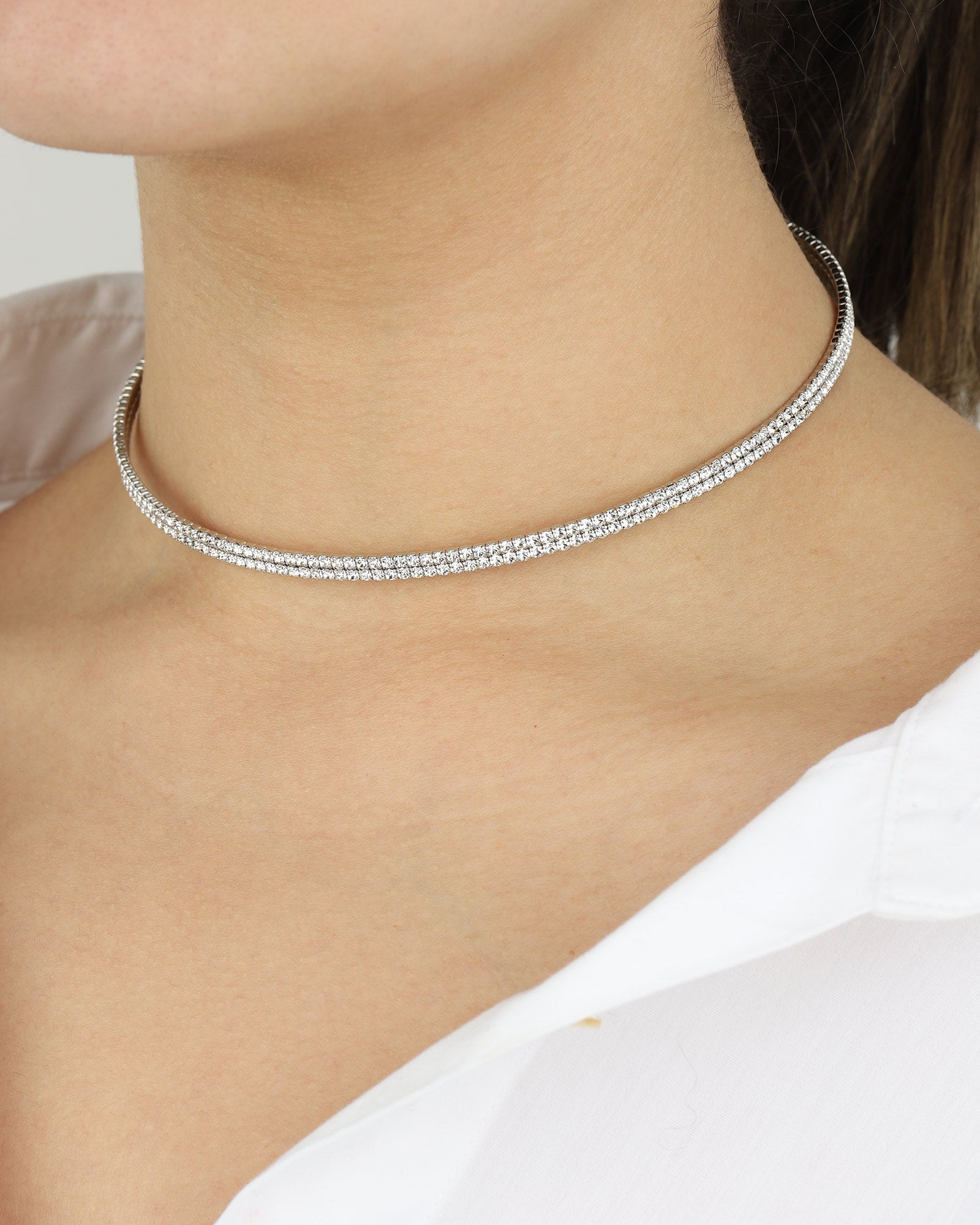 Weekend Ritual-2 Row Crystal Wire Choker-Necklaces-Silver Plated, White Crystal-Blue Ruby Jewellery-Vancouver Canada