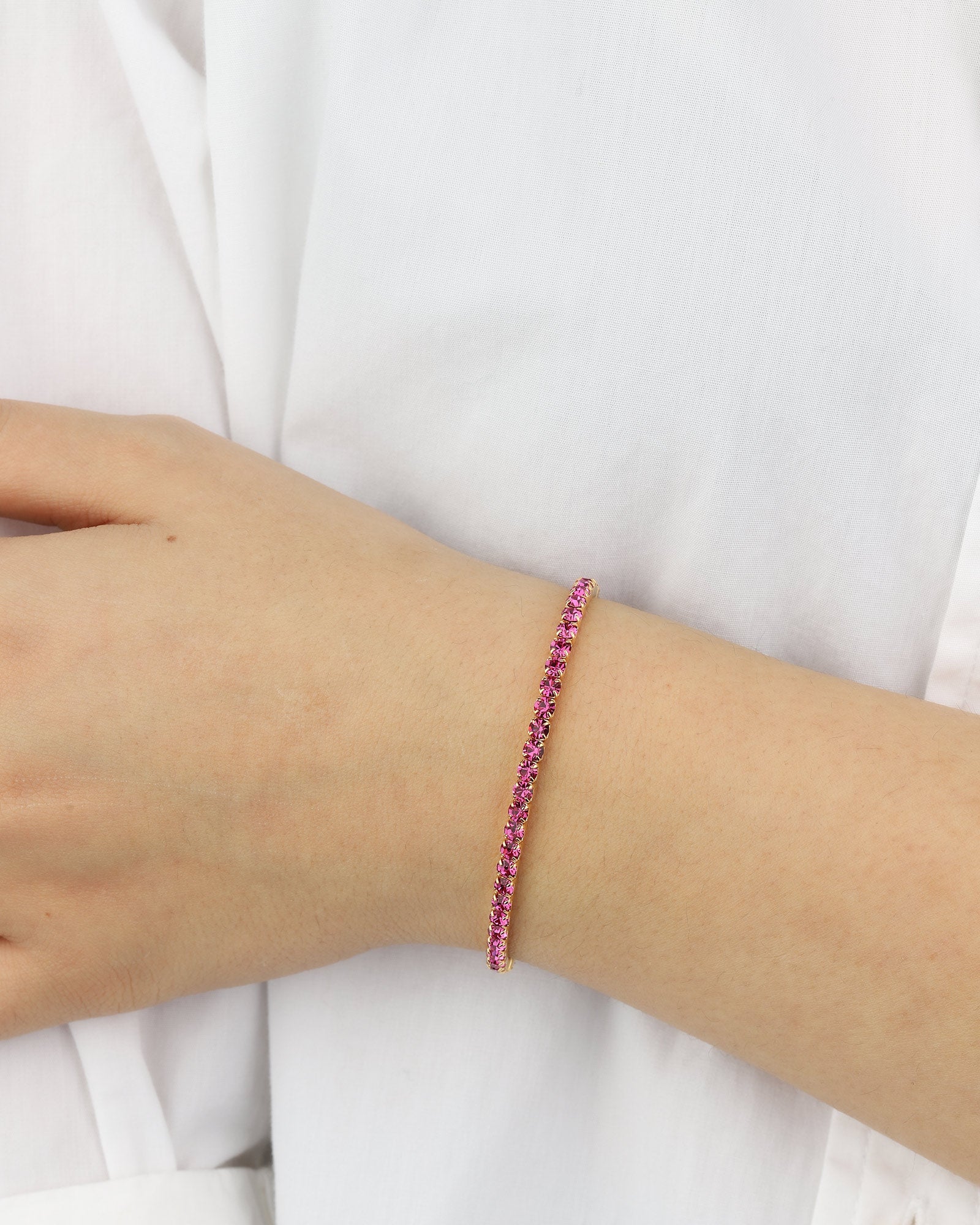 1 Row 3mm Crystal Stretch Bracelet Gold Tone, Fushia Crystal