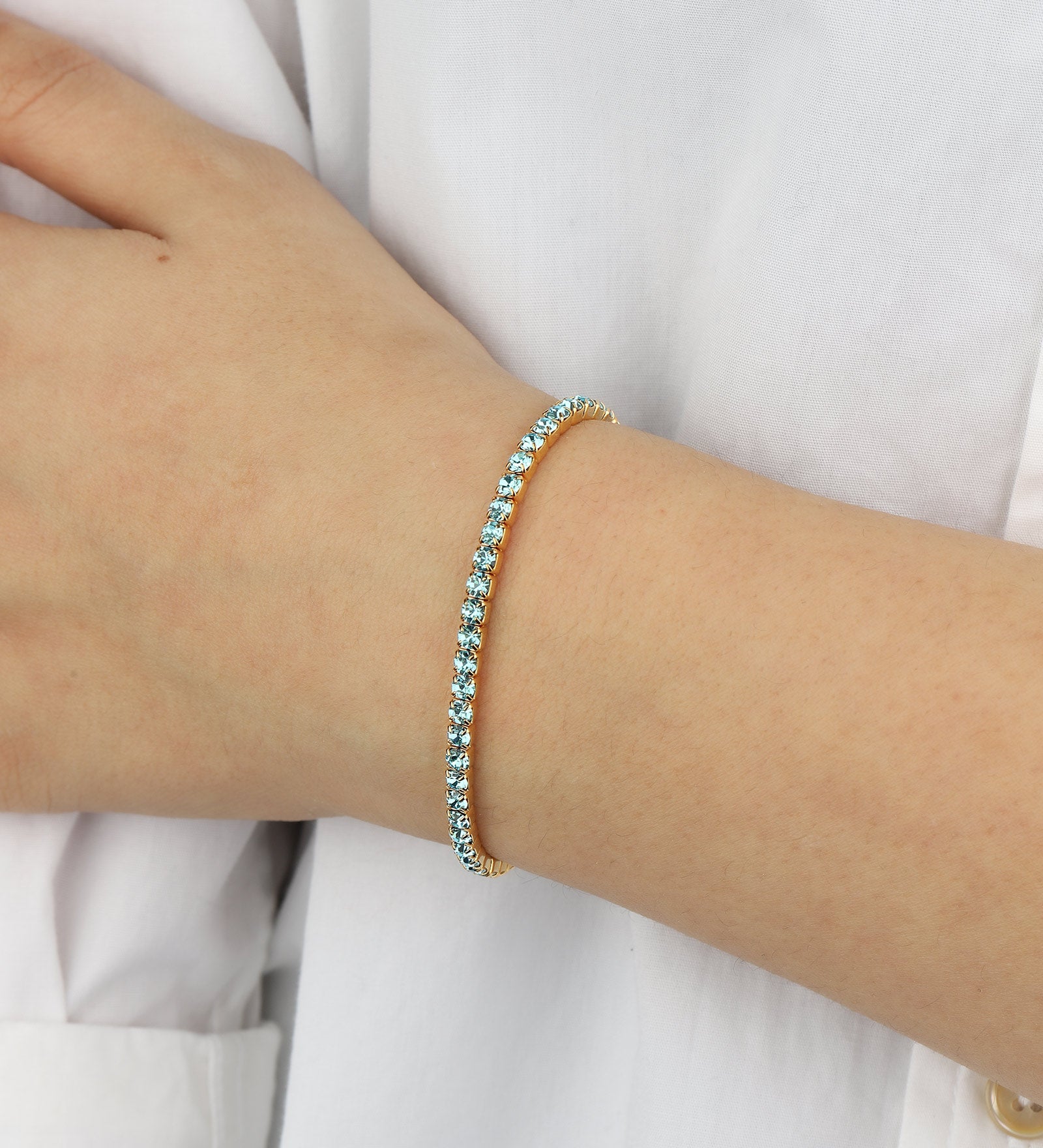 1 Row 3mm Crystal Stretch Bracelet Gold Tone, Aquamarine Crystal