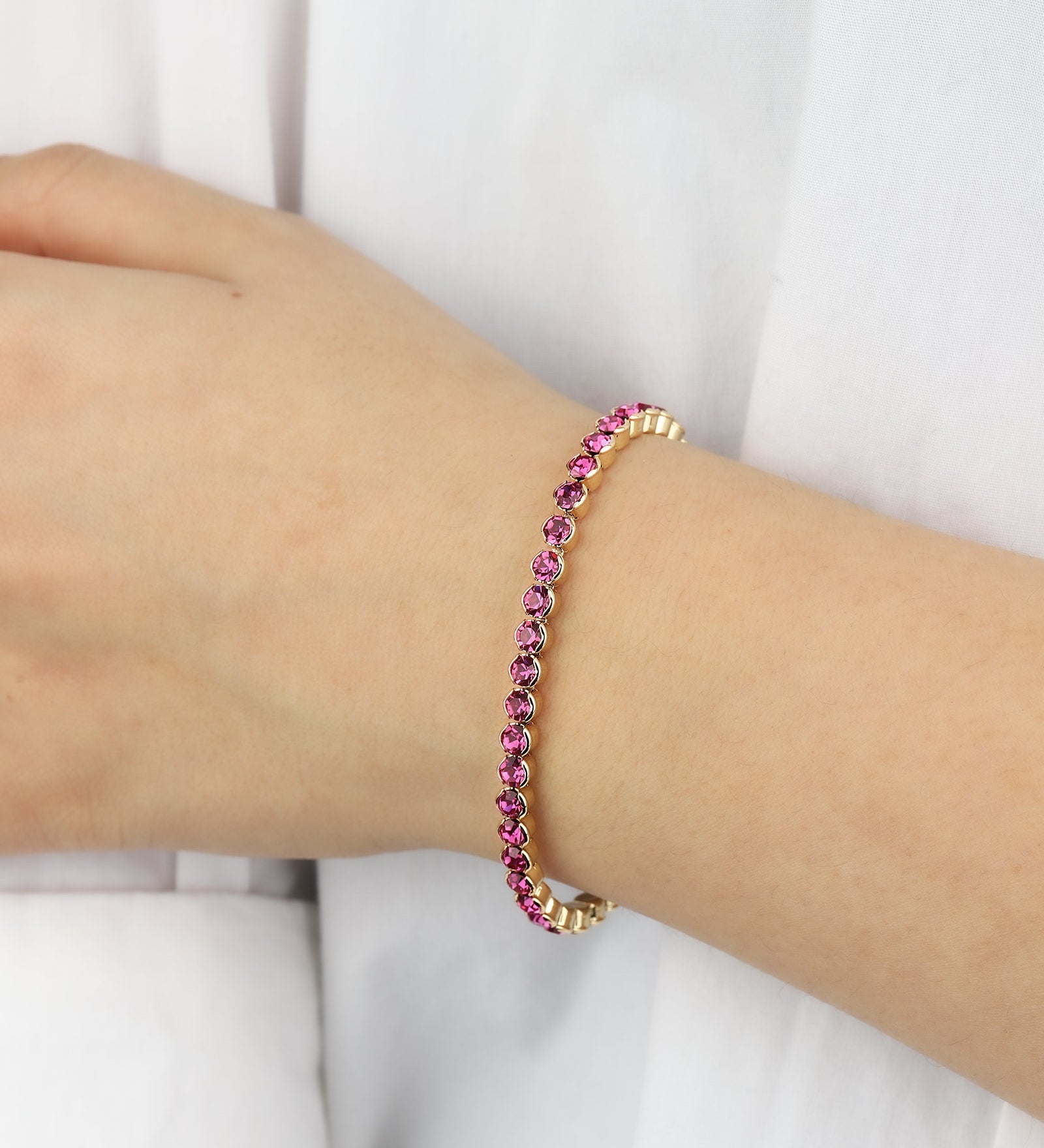 1 Row 4mm Crystal Stretch Bracelet Gold Tone, Fushia Crystal
