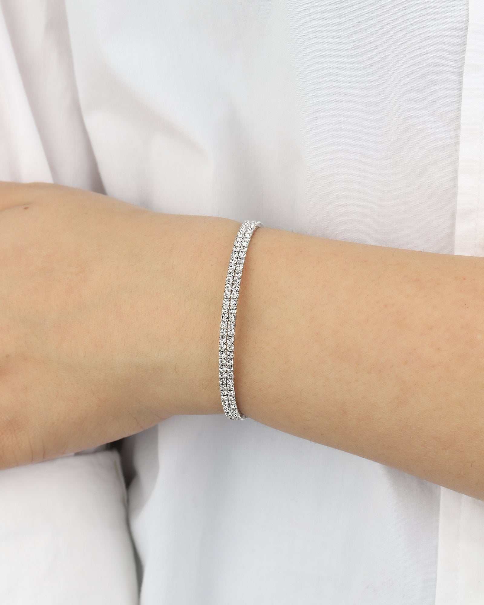 2 Row Crystal  Wrap Cuff Silver Tone, White Crystal