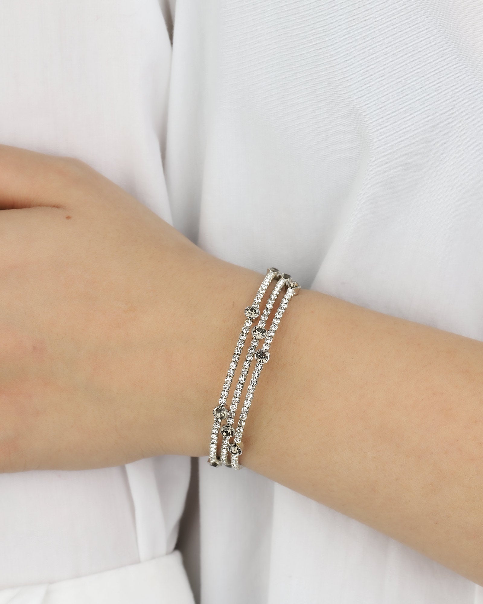 3 Wrap Crystal Bracelet Silver Tone, White Crystal