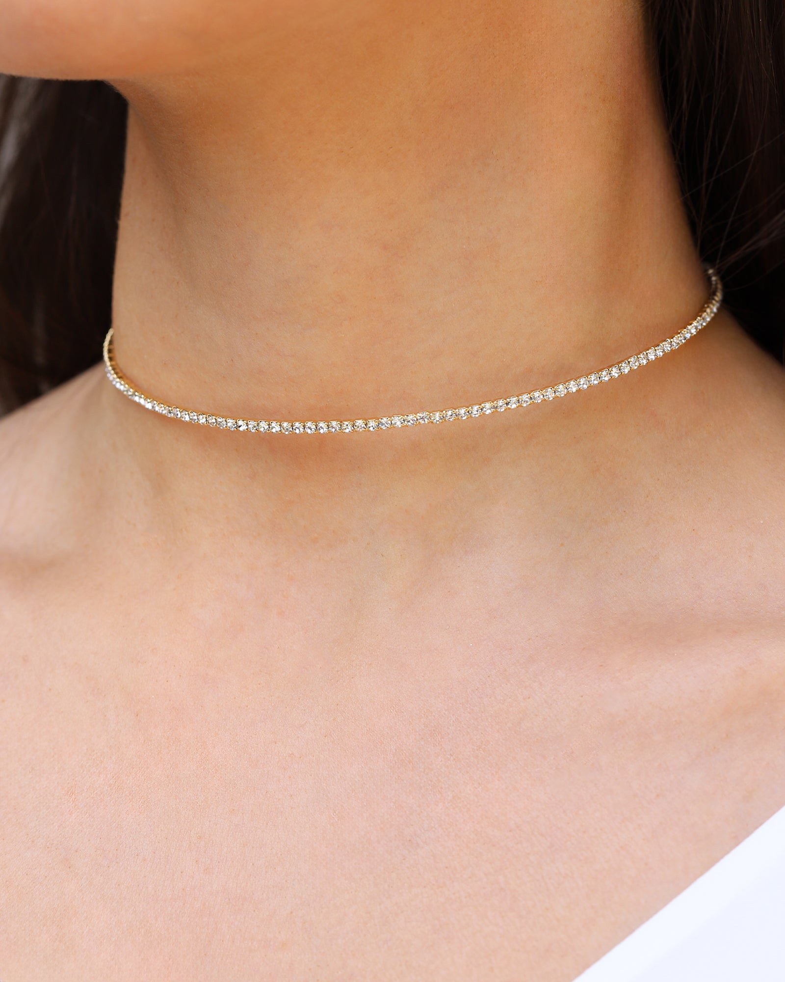 1 Row Crystal Choker Gold Plated, White Crystal