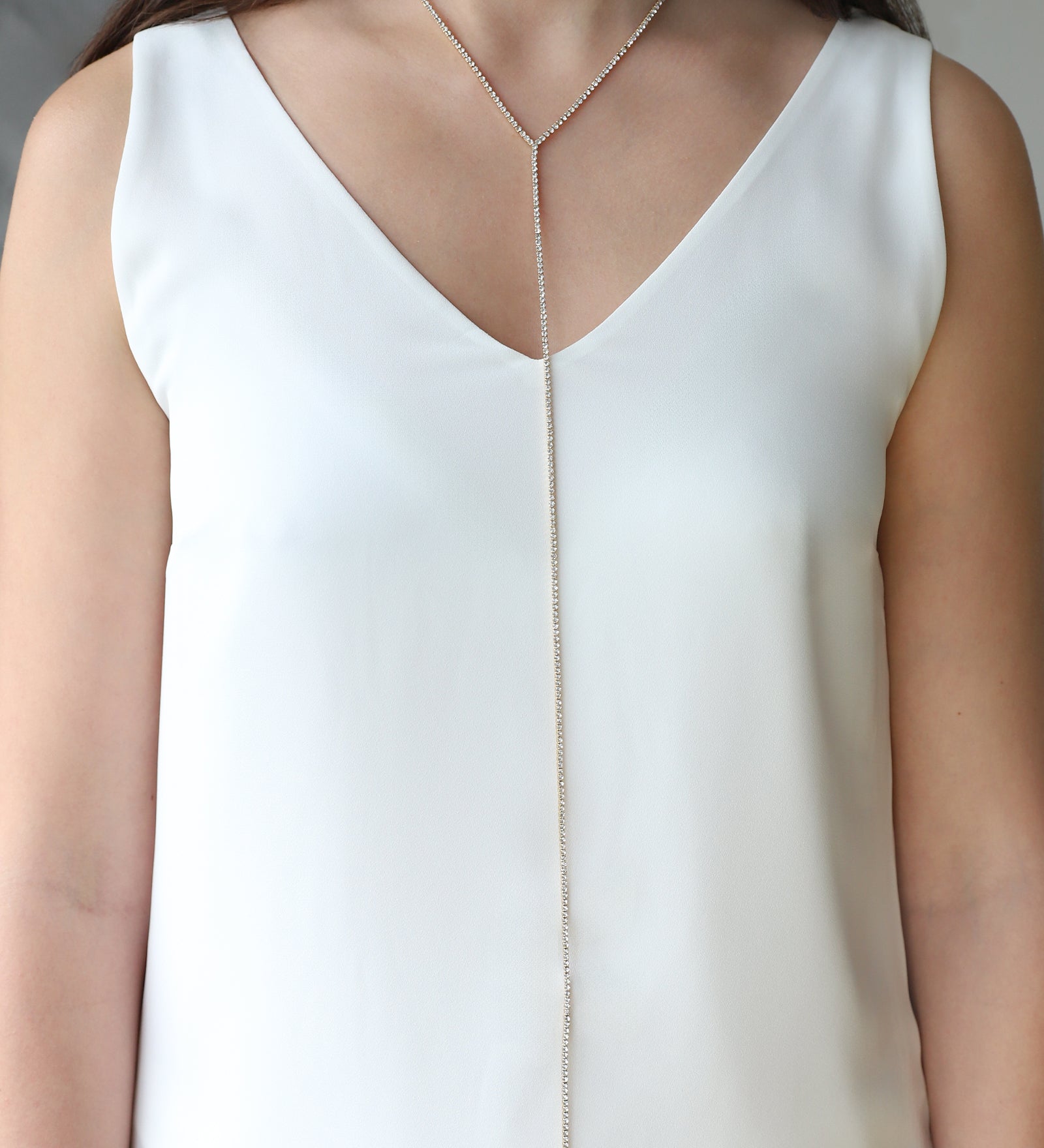 1 Row Long Crystal Lariat Gold Plated, White Crystal