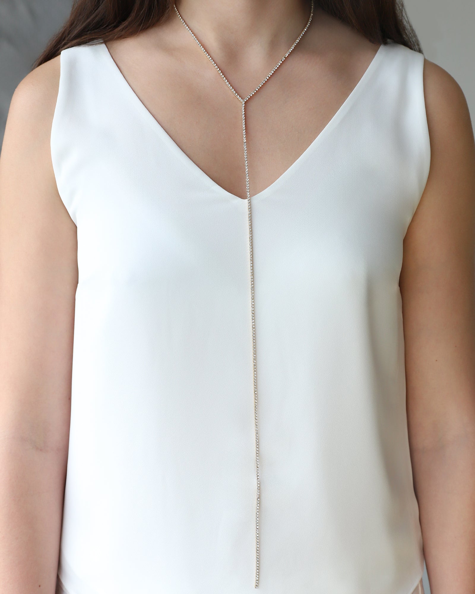 1 Row Long Crystal Lariat Gold Plated, White Crystal
