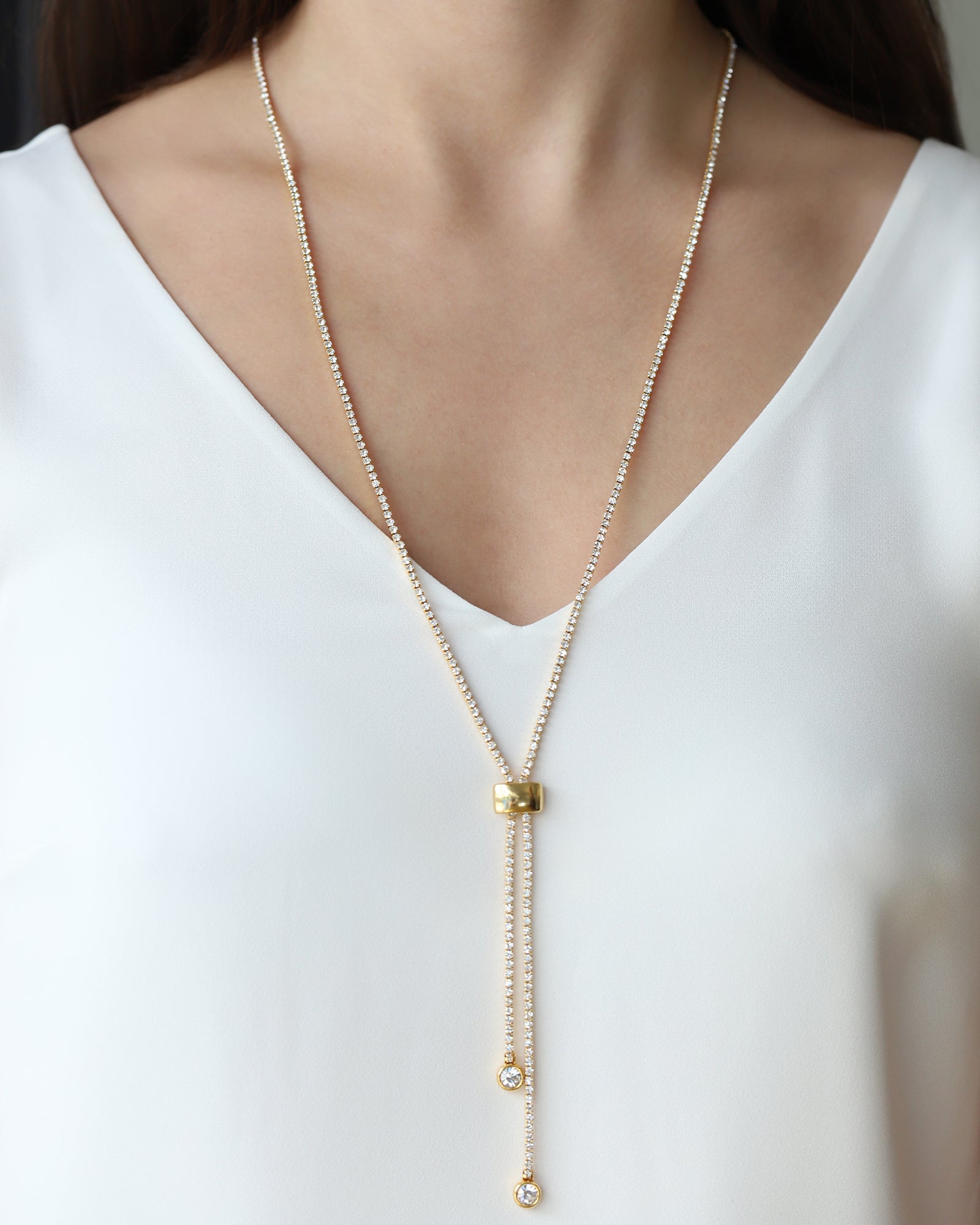 1 Row Crystal Slider Lariat Gold Plated, White Crystal