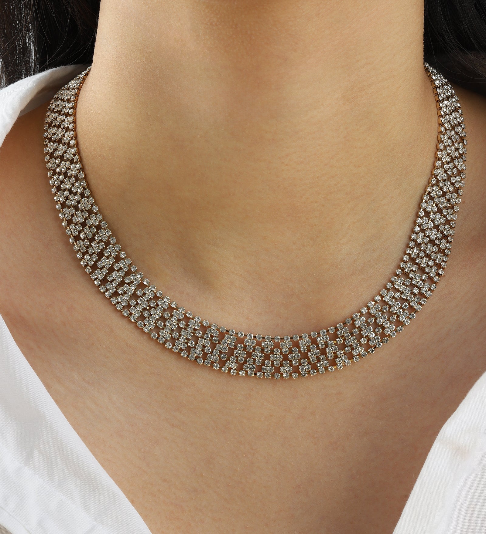 Wide Crystal Mesh Necklace Gold Plated, White Crystal