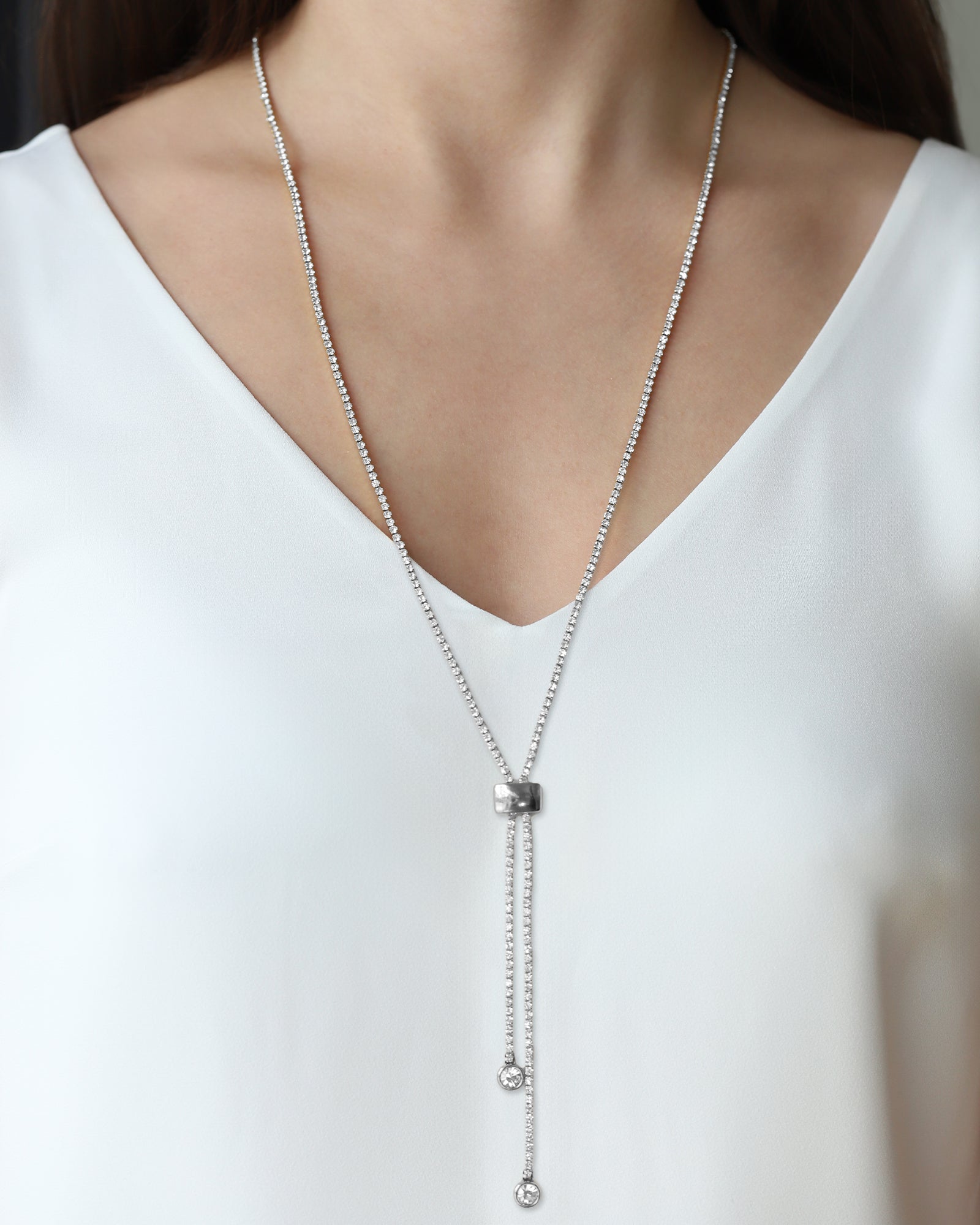1 Row Crystal Slider Lariat Silver Plated, White Crystal