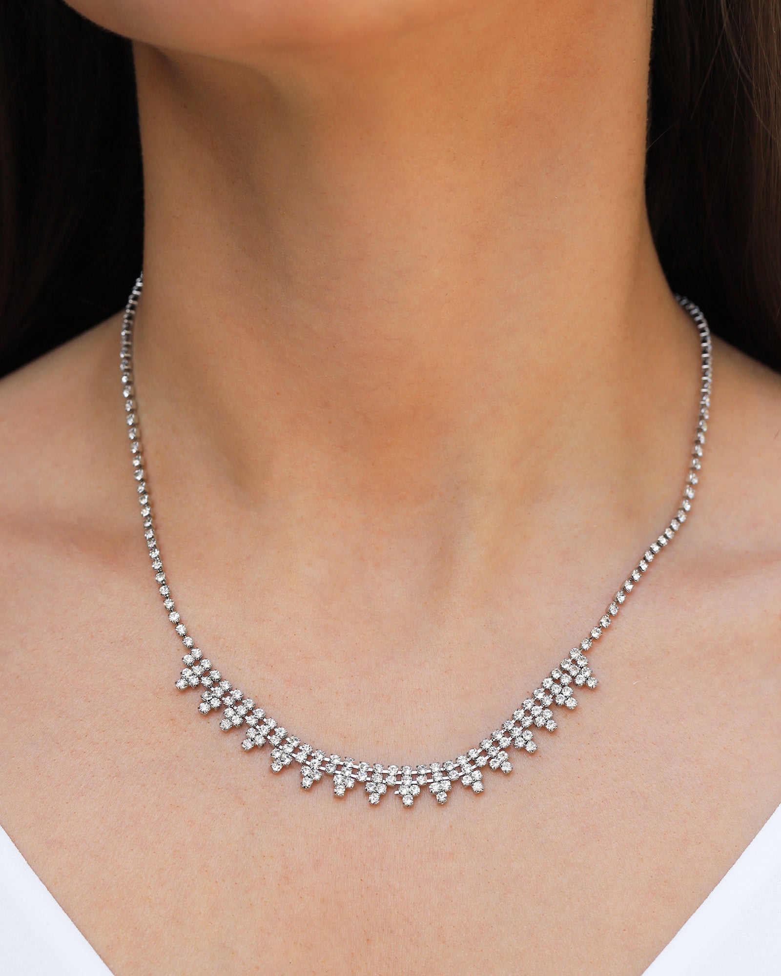 Crystal Cluster Pyramid Necklace Silver Plated, White Crystal