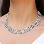 Wide Crystal Mesh Necklace Silver Plated, White Crystal