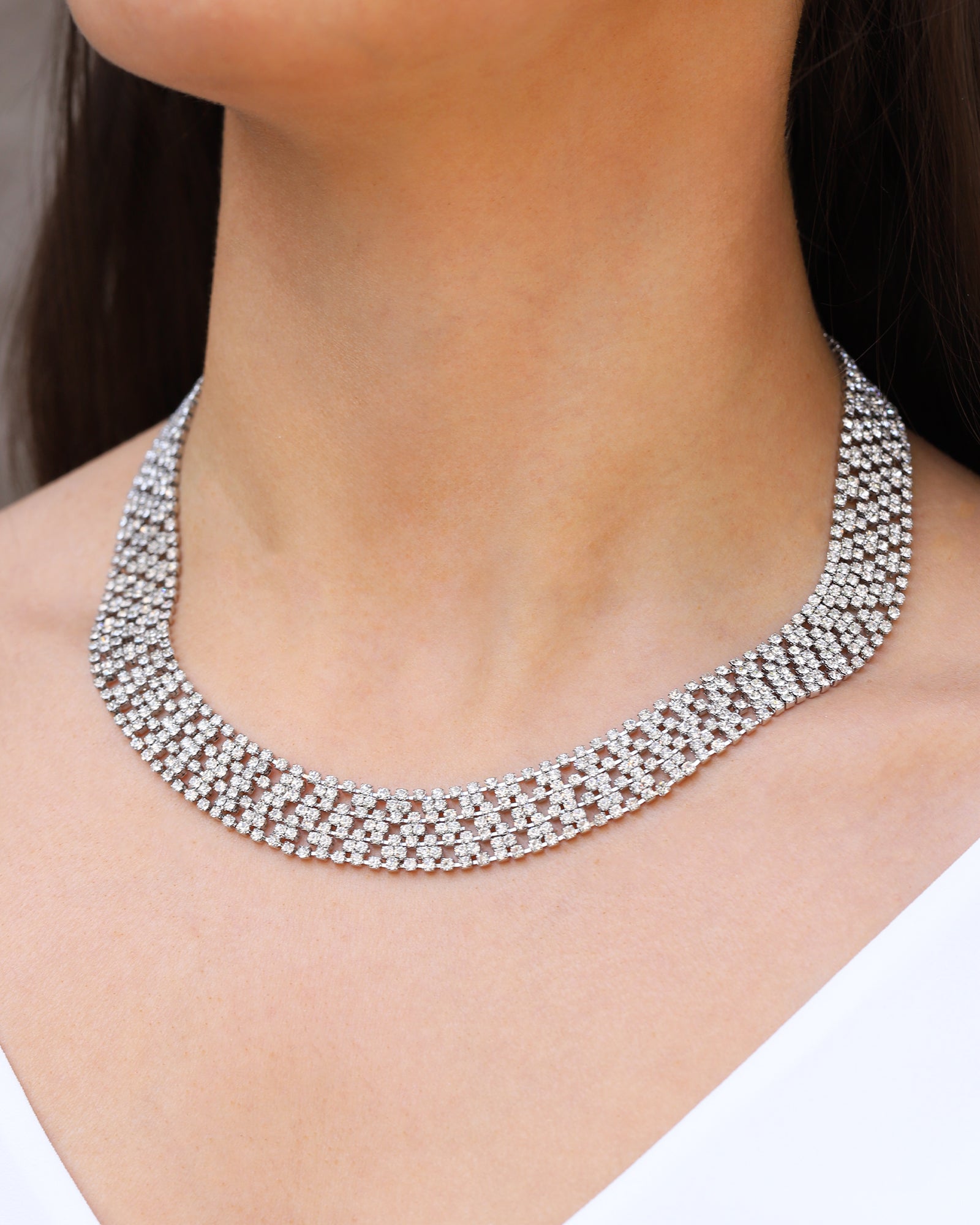 Wide Crystal Mesh Necklace Silver Plated, White Crystal