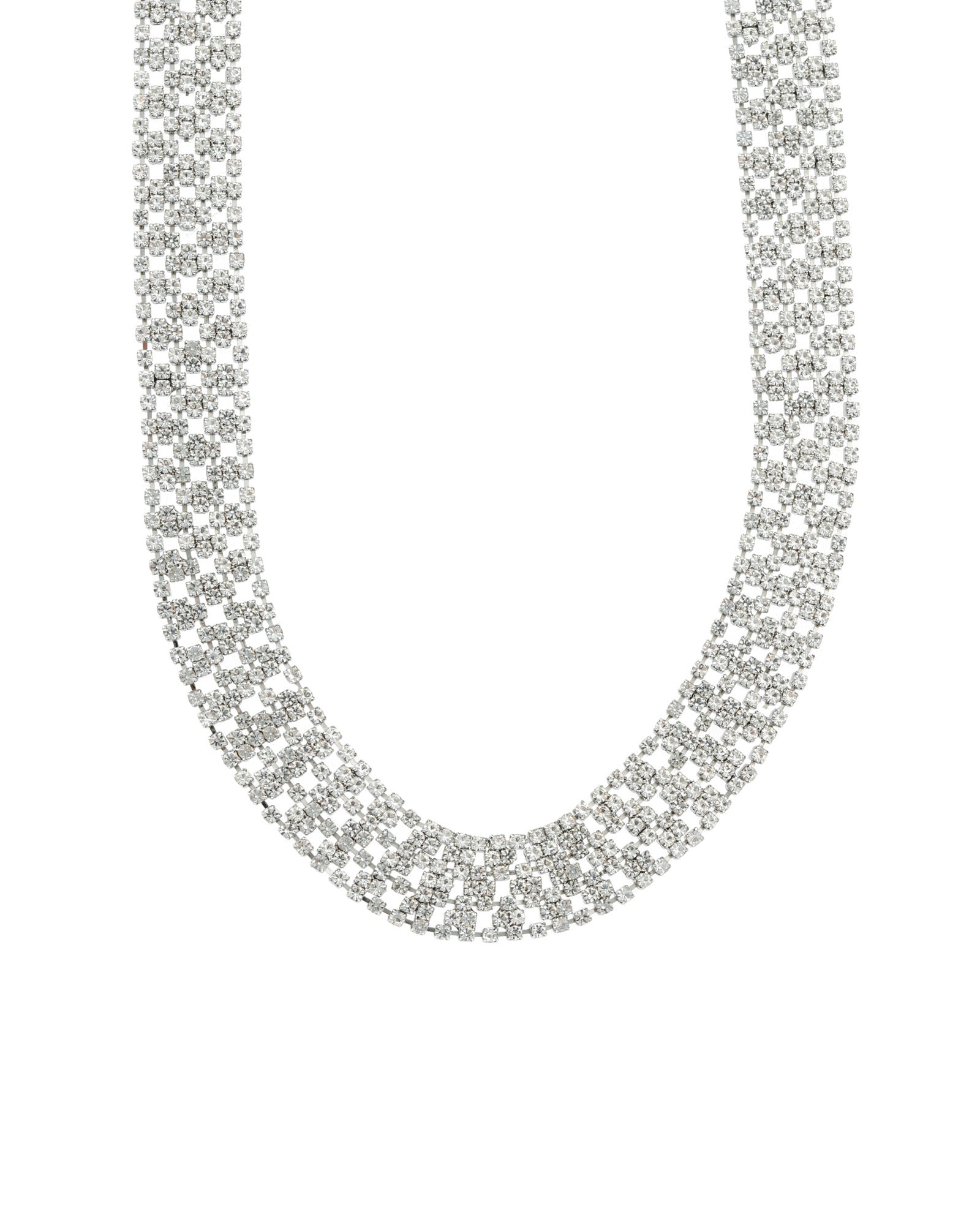 Wide Crystal Mesh Necklace Silver Plated, White Crystal