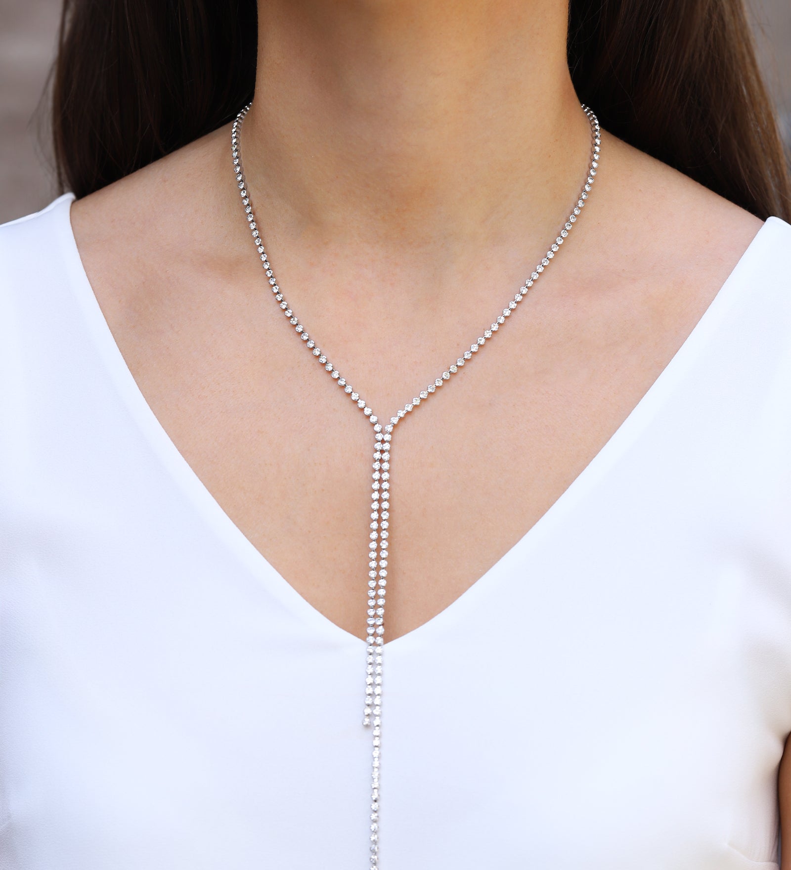 Bezel Crystal Y Lariat Silver Plated, White Crystal