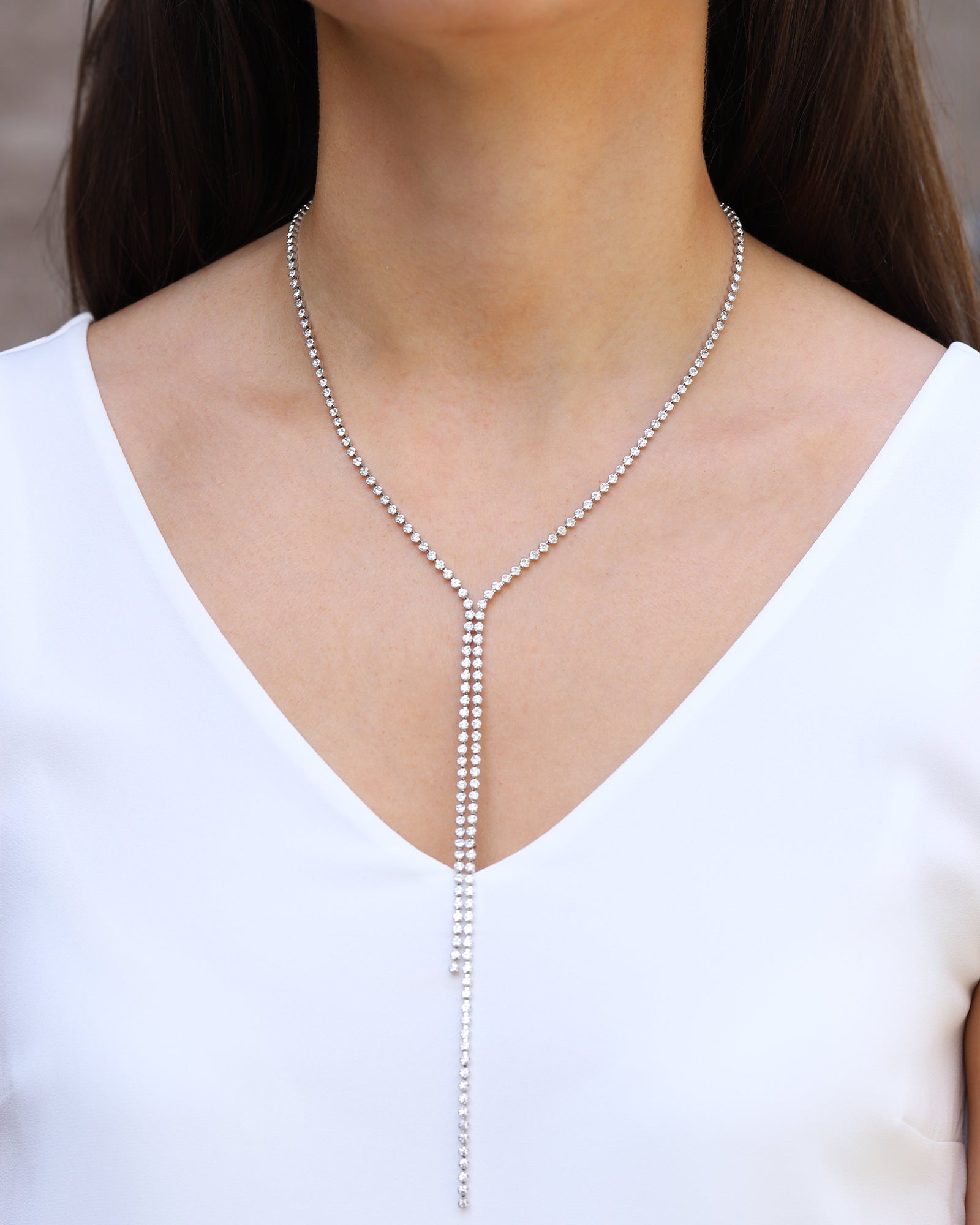 Bezel Crystal Y Lariat Silver Plated, White Crystal