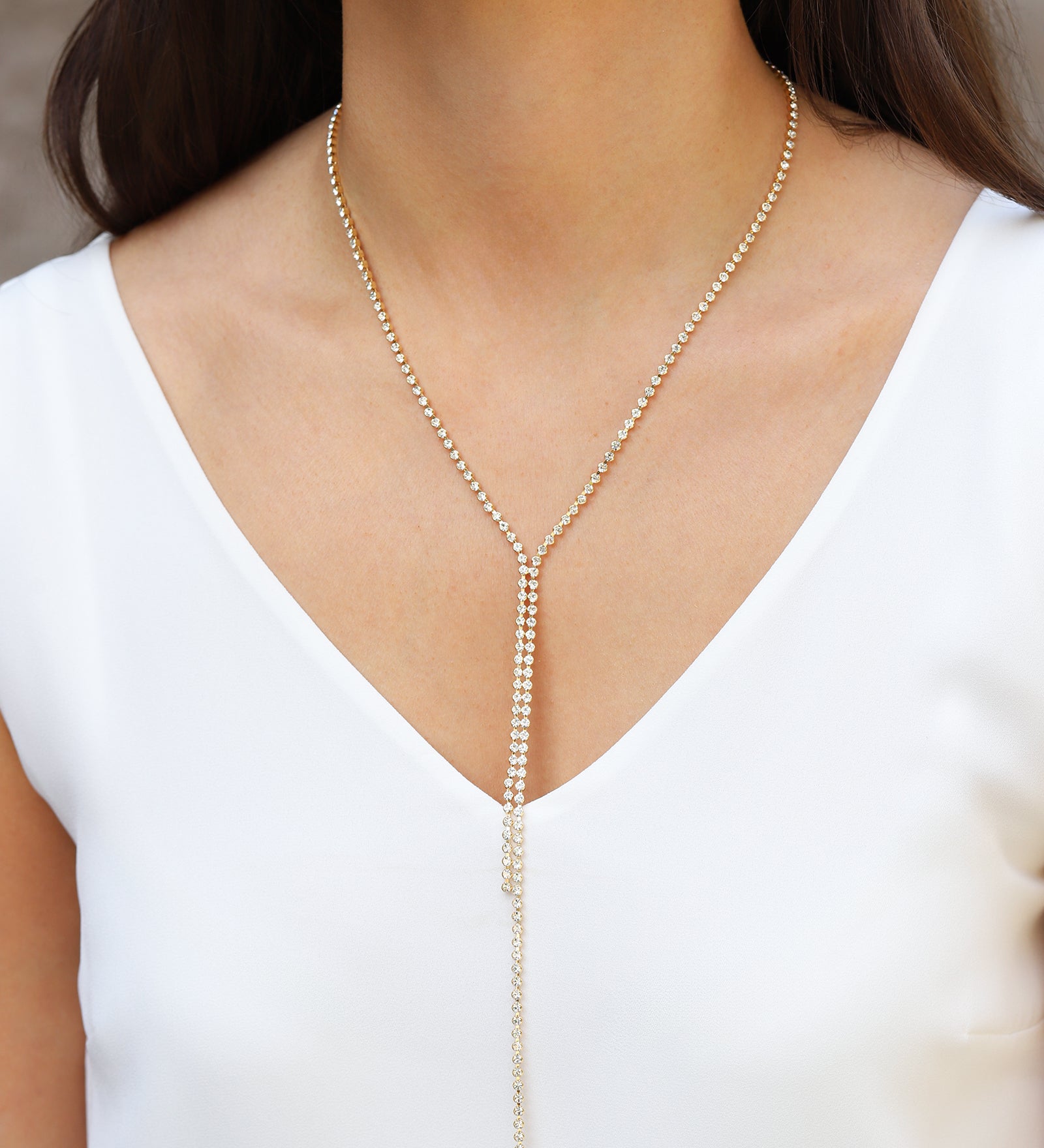 Bezel Crystal Y Lariat Gold Plated, White Crystal