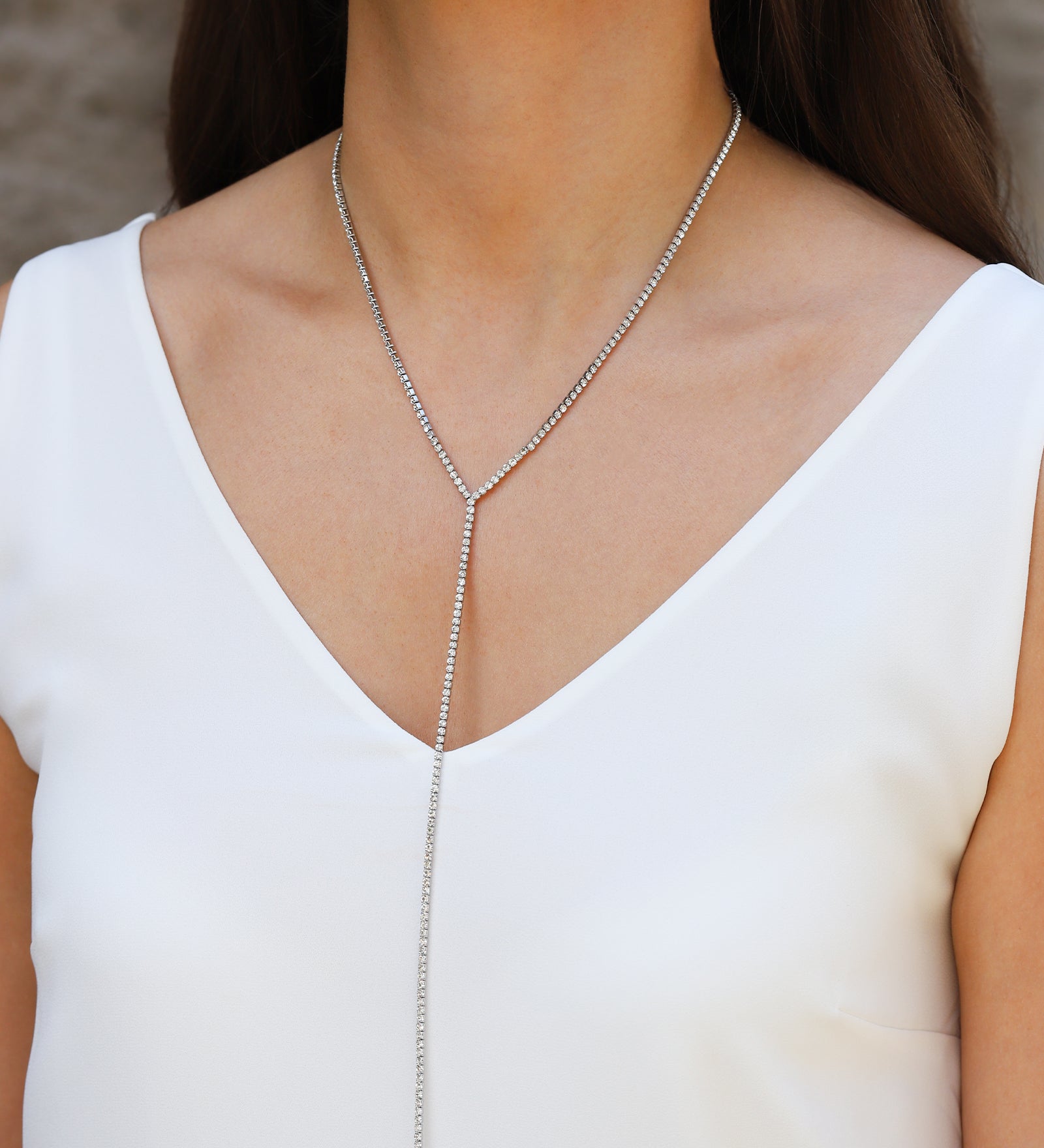 Long Drop Crystal Lariat Silver Plated, White Crystal