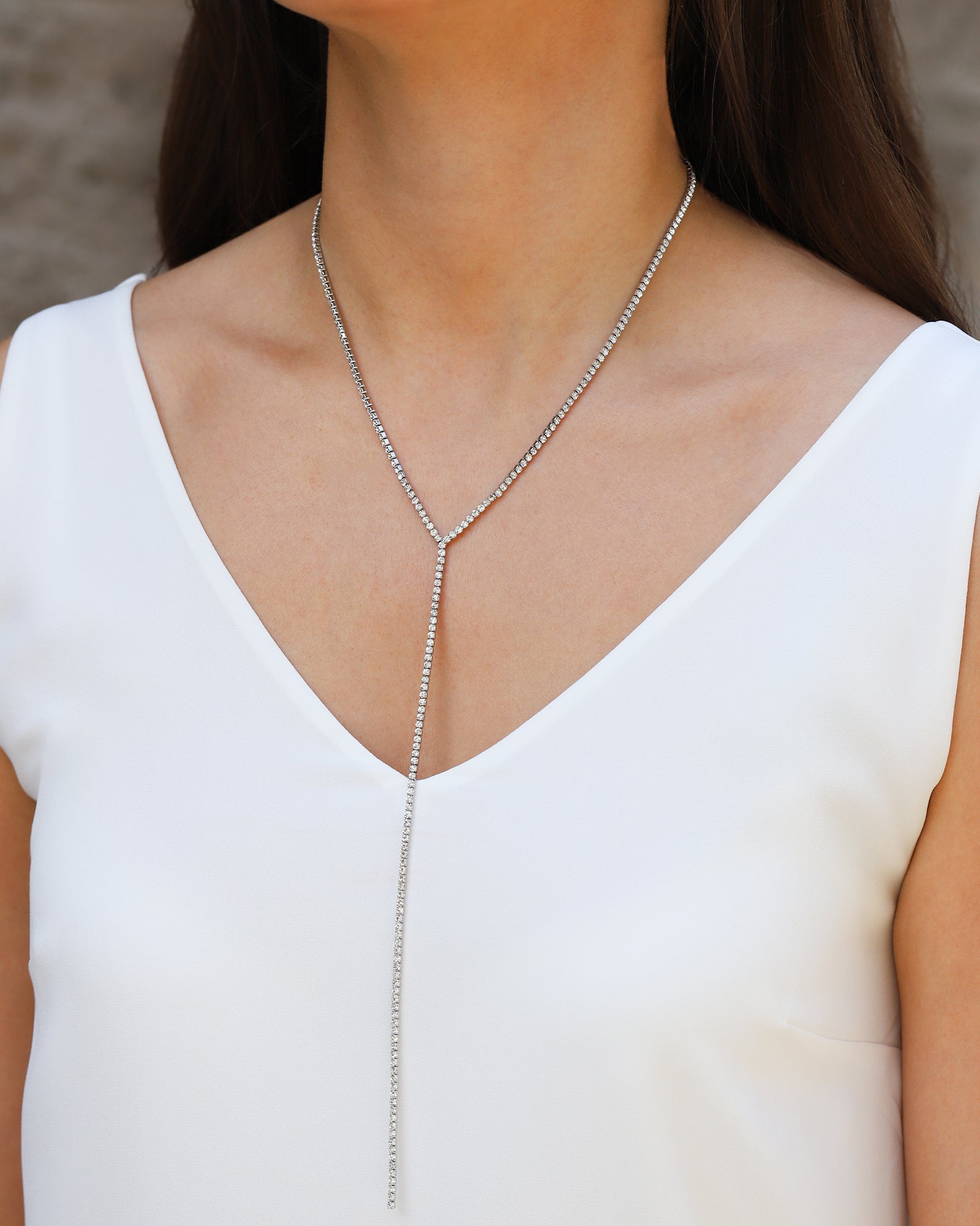 Long Drop Crystal Lariat Silver Plated, White Crystal