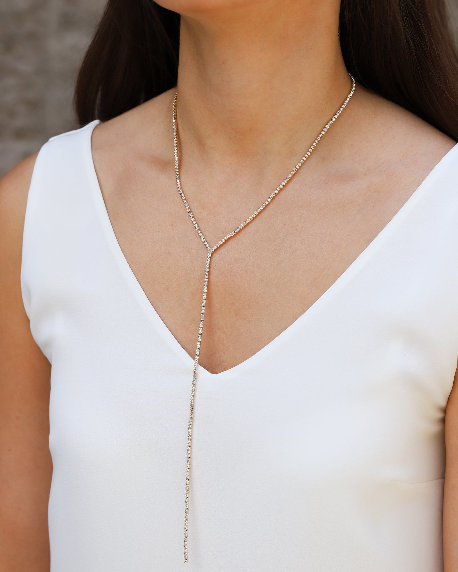 Long Drop Crystal Lariat Gold Plated, White Crystal