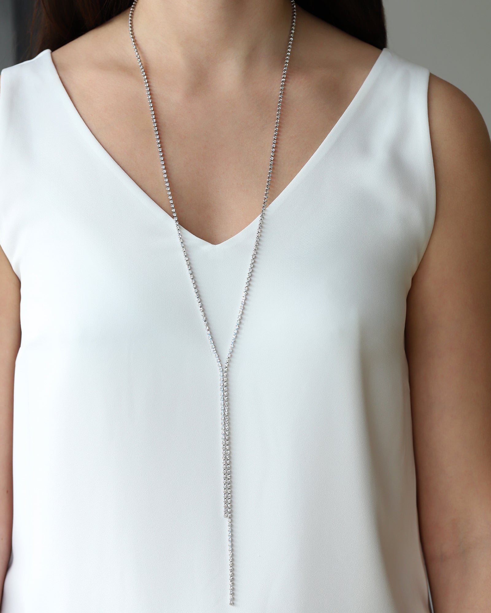 Bezel Crystal Lariat Silver Plated, White Crystal
