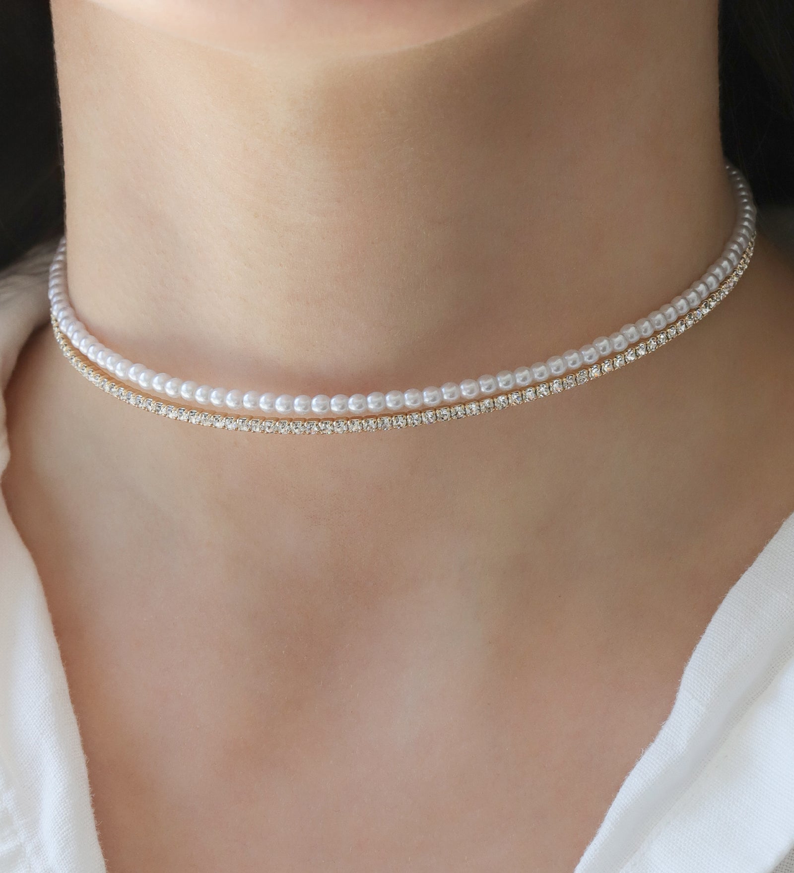 2 Row Pearl Crystal Choker Gold Plated, White Crystal, White Pearl