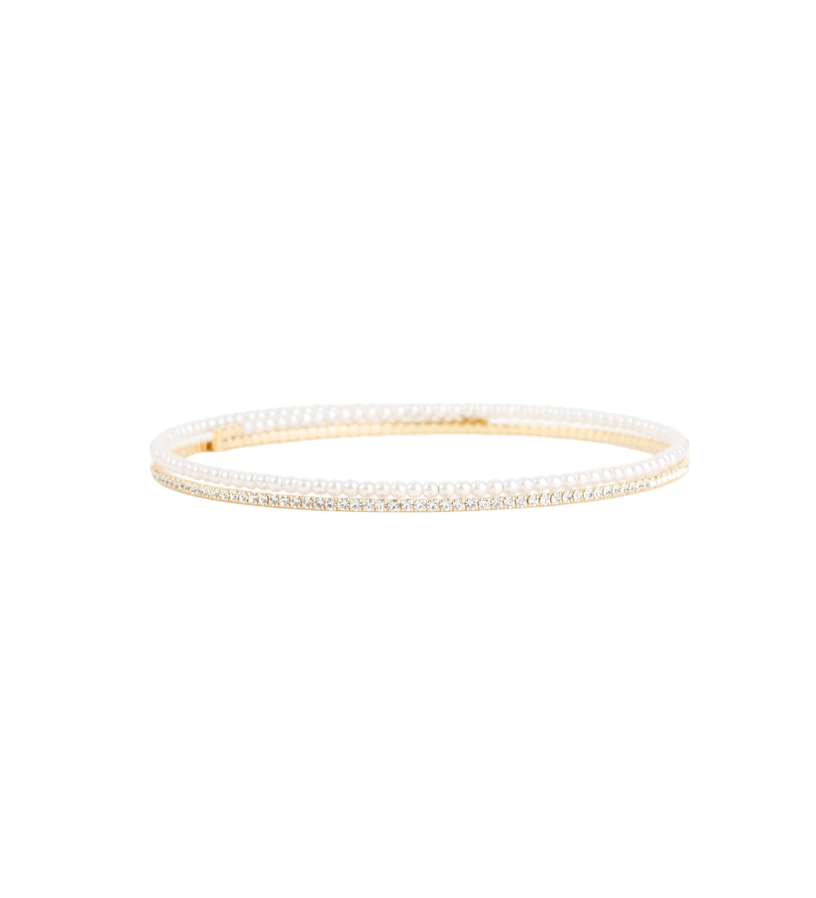 2 Row Pearl Crystal Choker Gold Plated, White Crystal, White Pearl