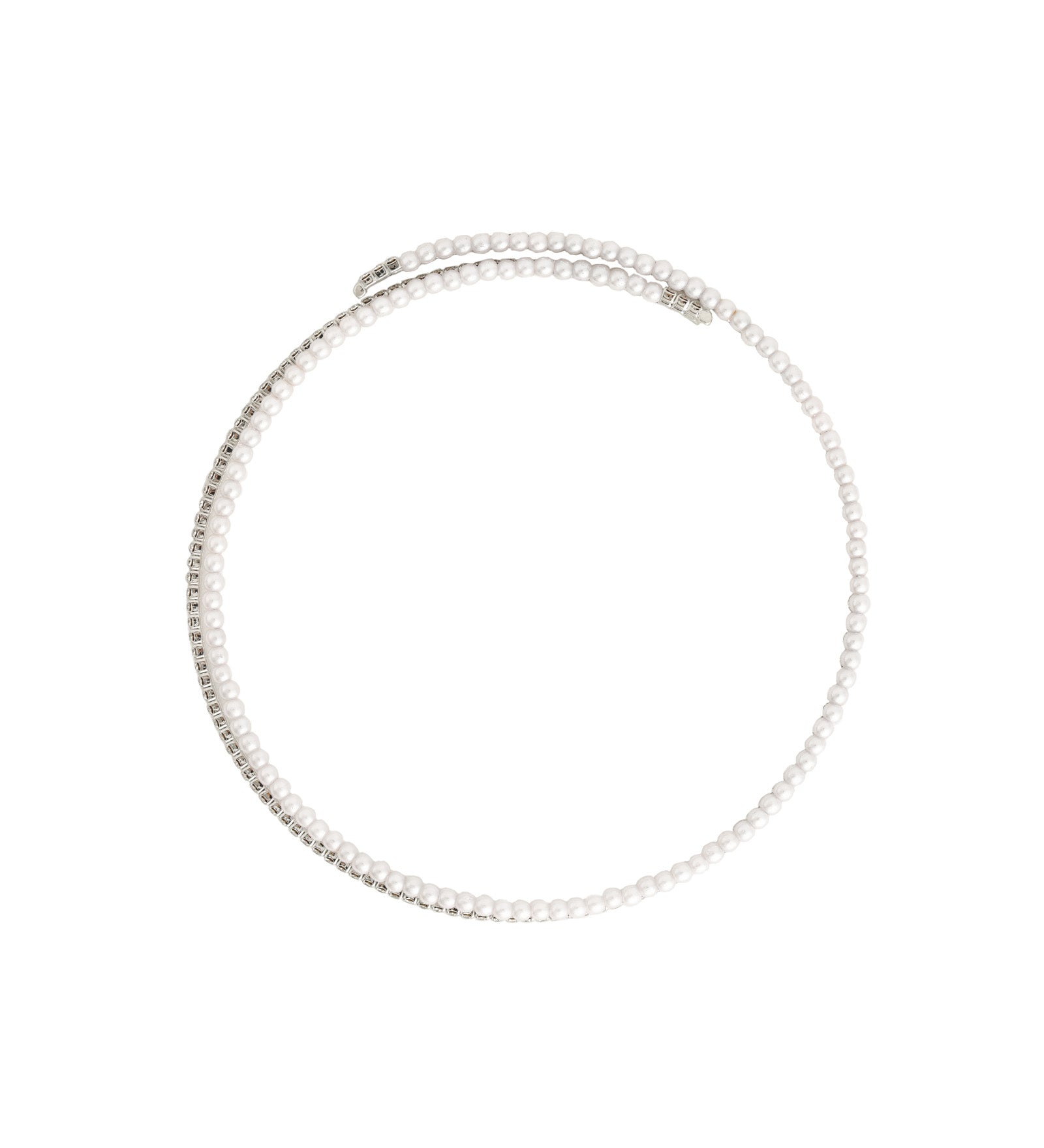 2 Row Pearl Crystal Choker Silver Plated, White Crystal, White Pearl