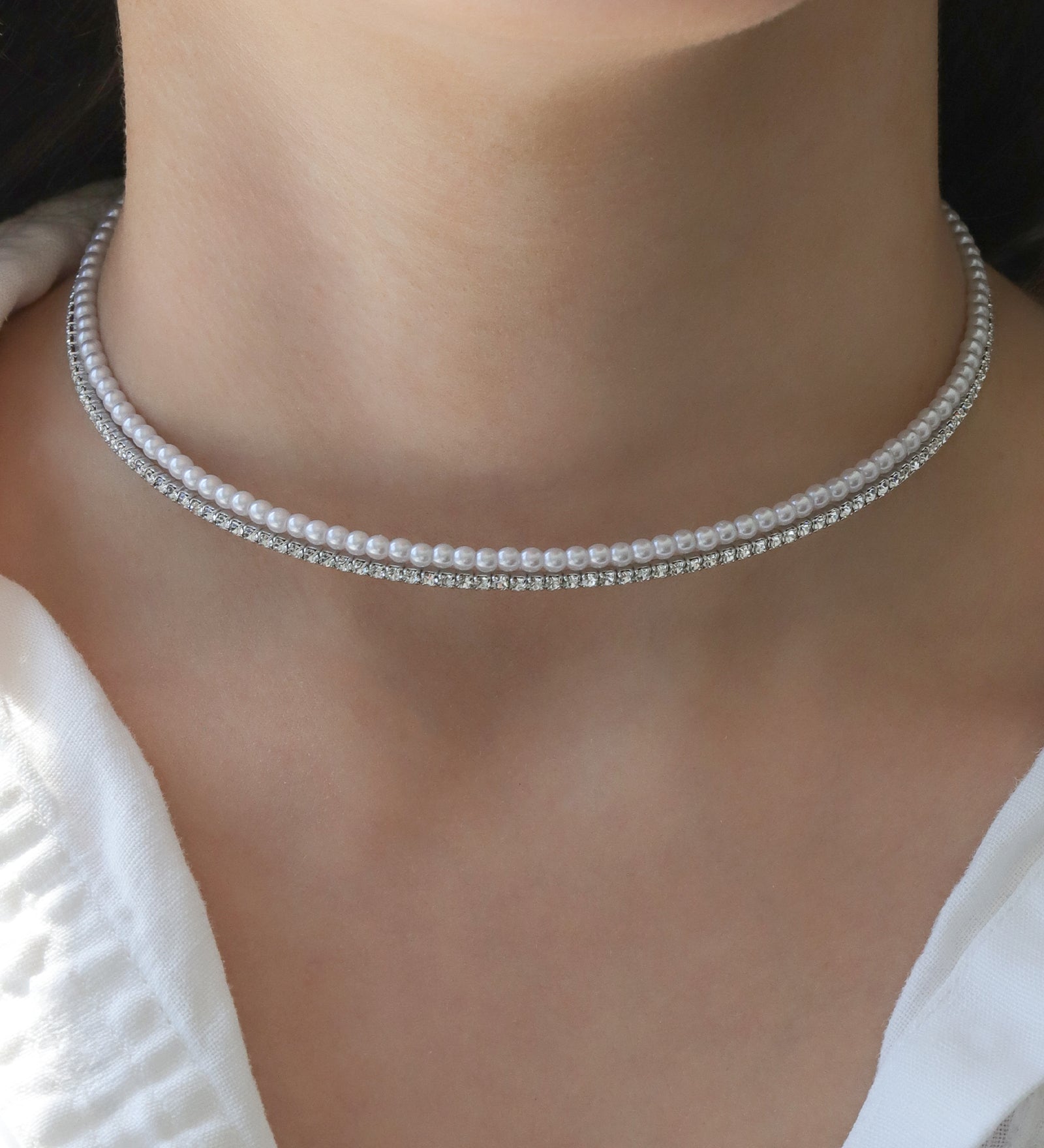 2 Row Pearl Crystal Choker Silver Plated, White Crystal, White Pearl