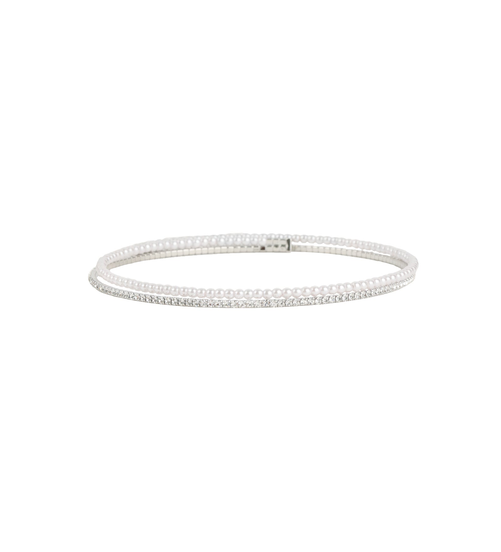 2 Row Pearl Crystal Choker Silver Plated, White Crystal, White Pearl
