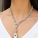 Crystal Teardrop Lariat Necklace Silver Plated, White Crystal