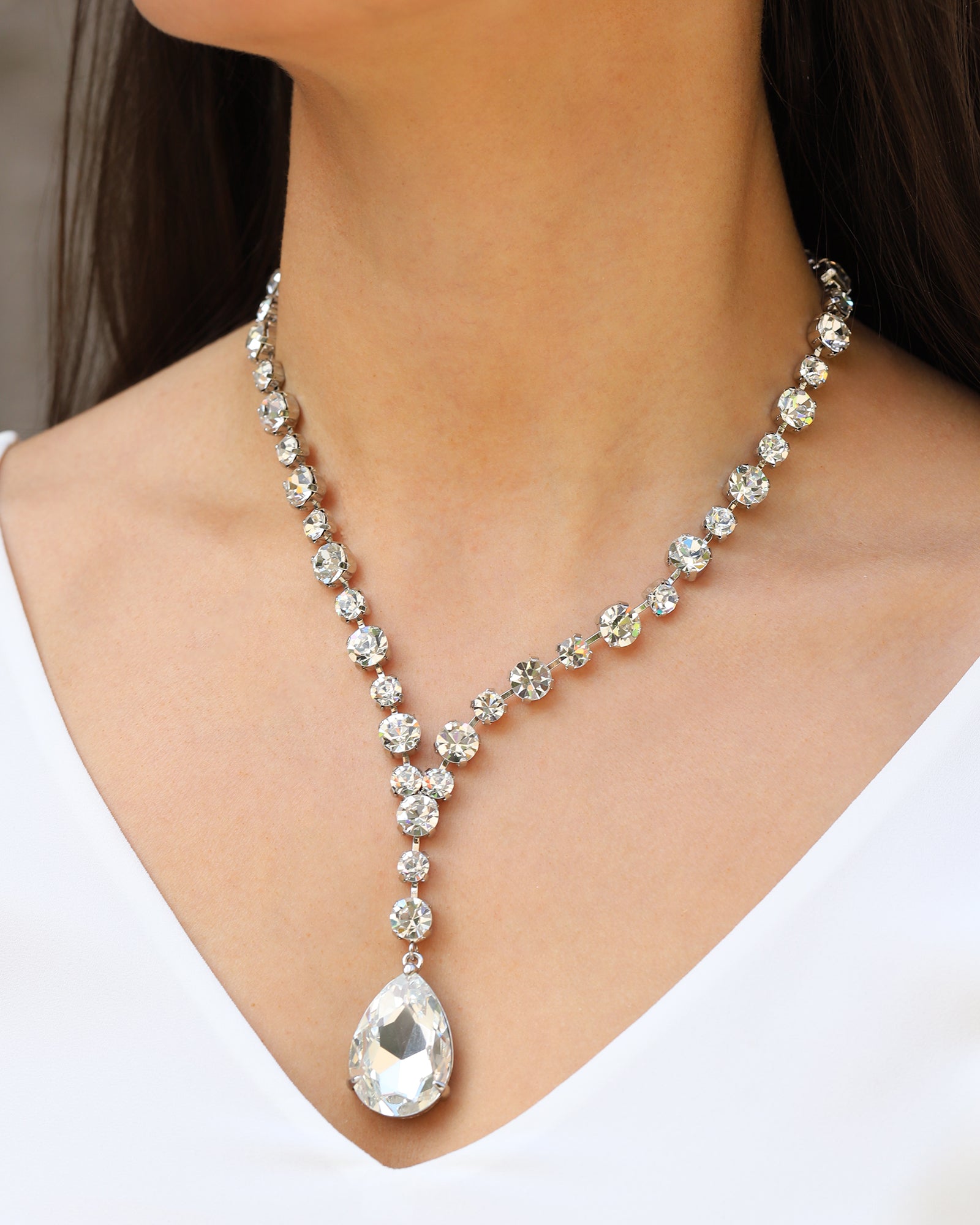Crystal Teardrop Lariat Necklace Silver Plated, White Crystal