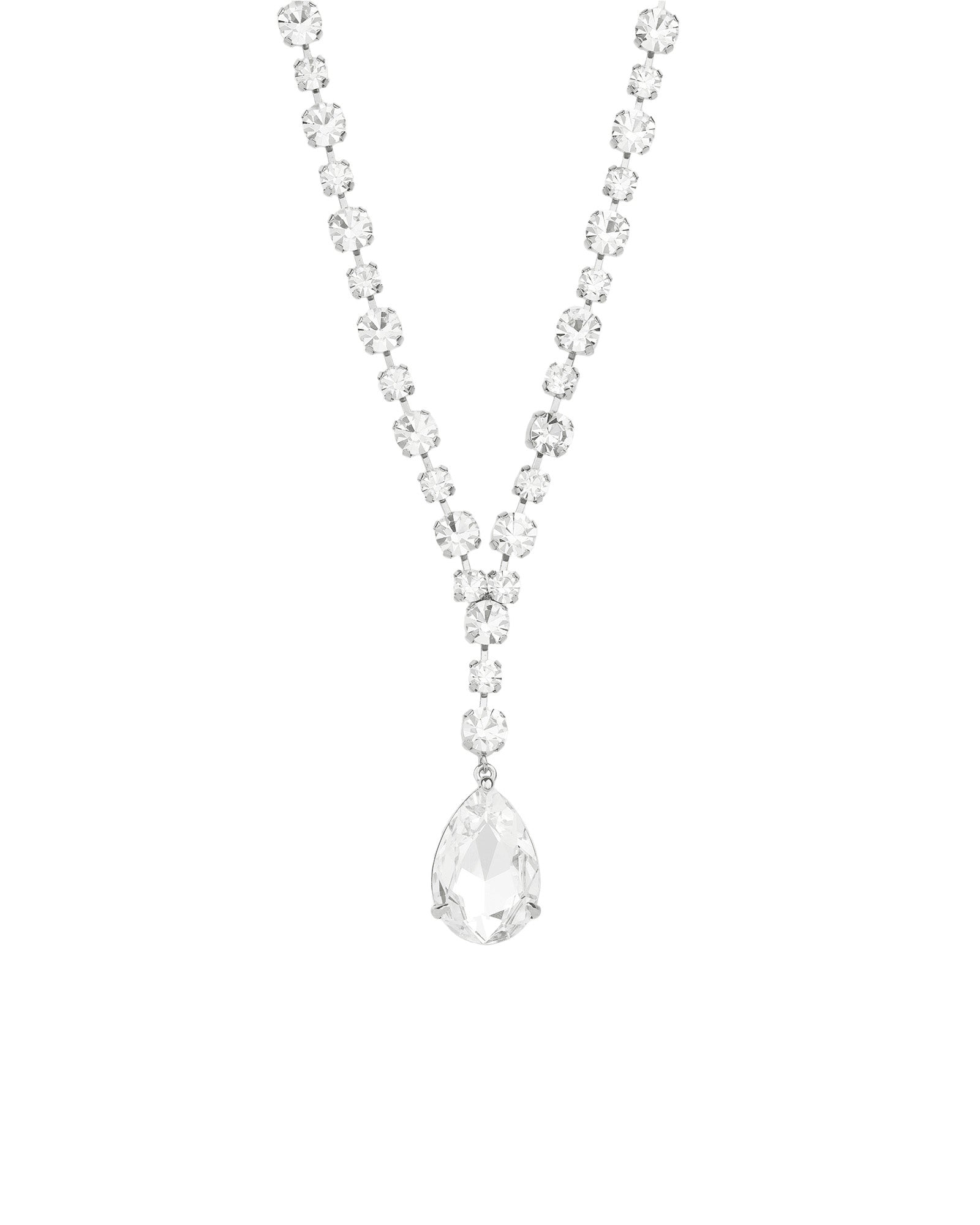 Crystal Teardrop Lariat Necklace Silver Plated, White Crystal