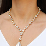 Crystal Teardrop Lariat Necklace Gold Plated, White Crystal