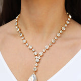 Crystal Teardrop Lariat Necklace Gold Plated, White Crystal