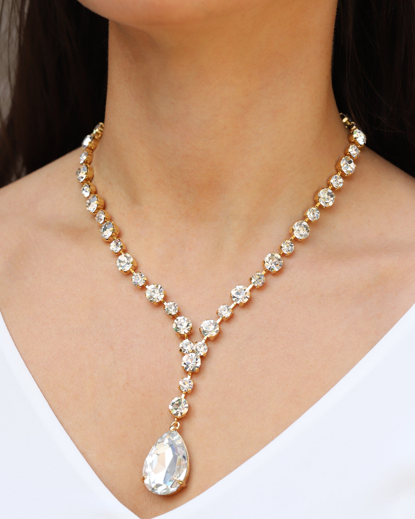 Crystal Teardrop Lariat Necklace Gold Plated, White Crystal