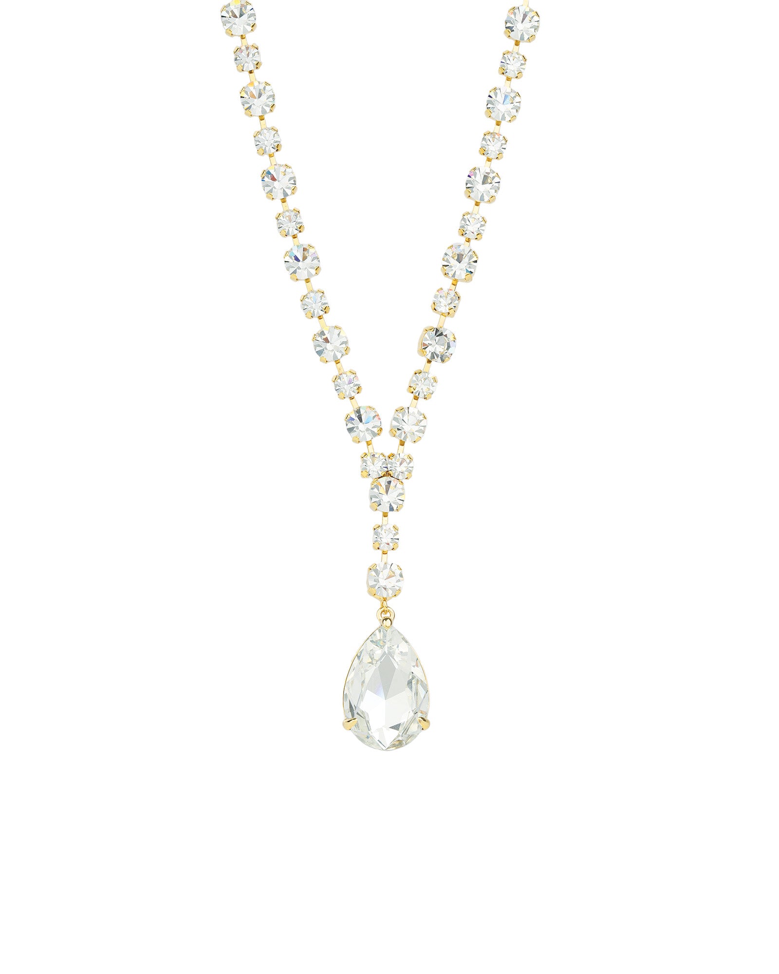 Crystal Teardrop Lariat Necklace Gold Plated, White Crystal