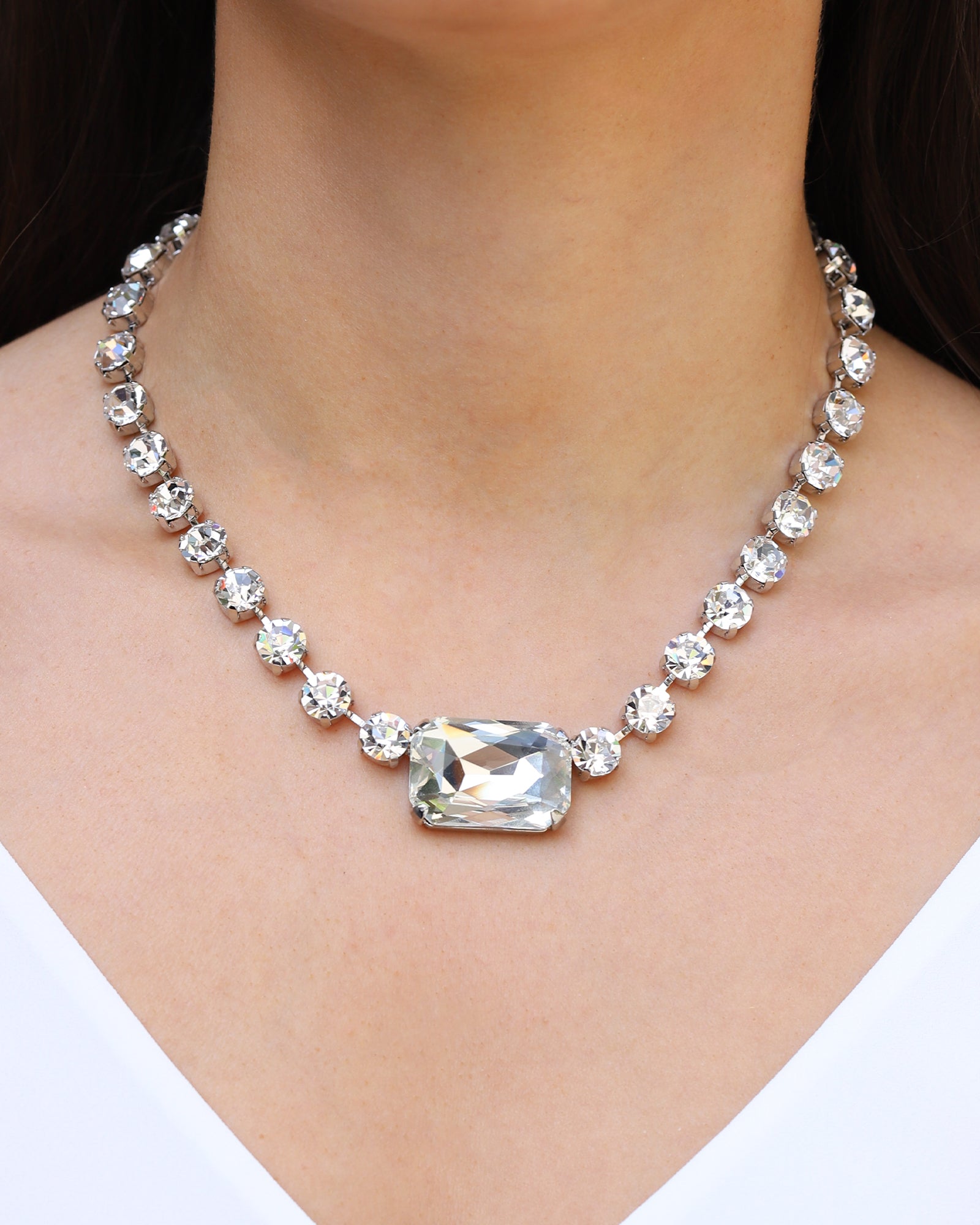 Emerald & Round Cut Crystal Necklace Silver Plated, White Crystal