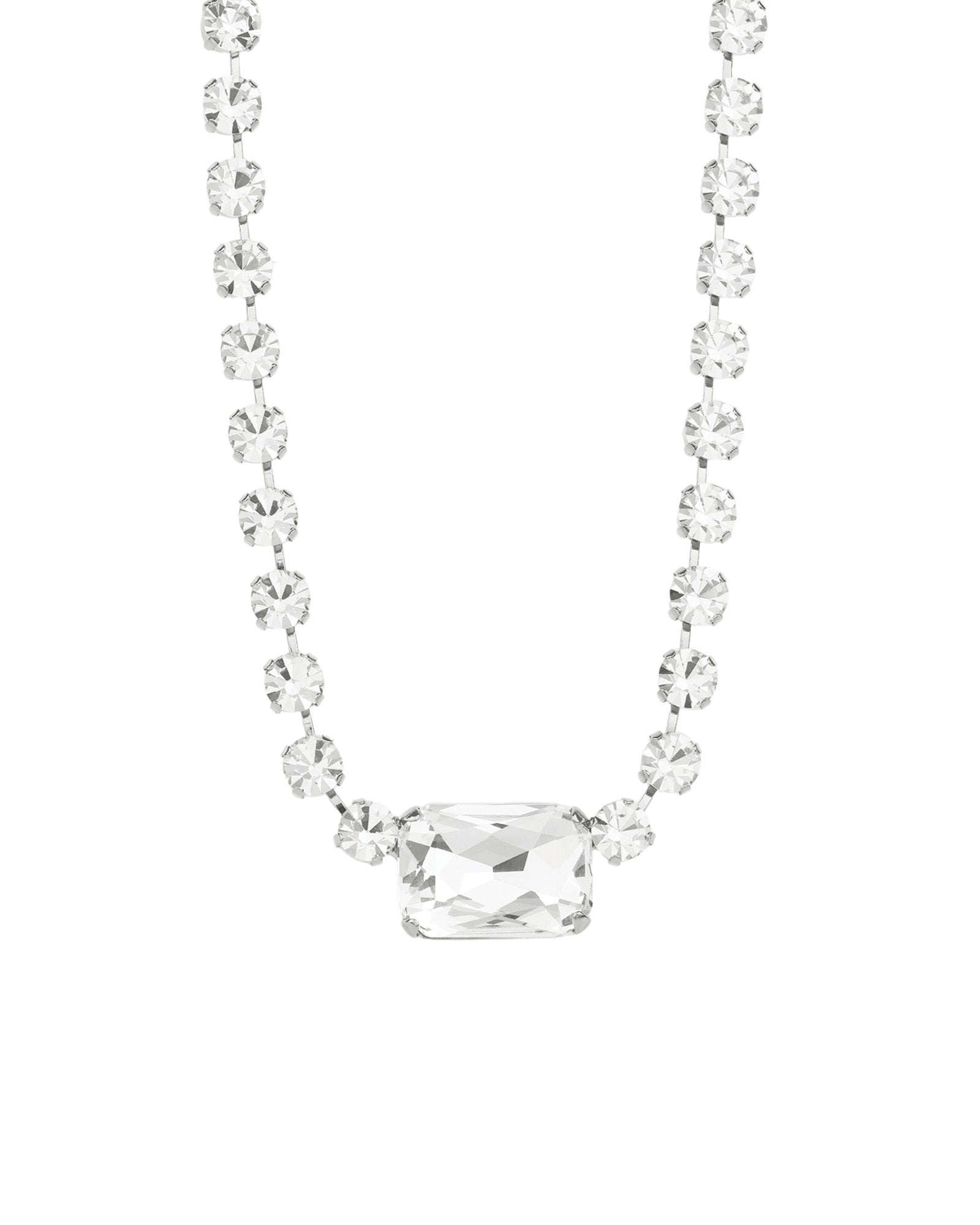 Emerald & Round Cut Crystal Necklace Silver Plated, White Crystal