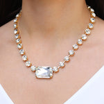 Emerald & Round Cut Crystal Necklace Gold Plated, White Crystal