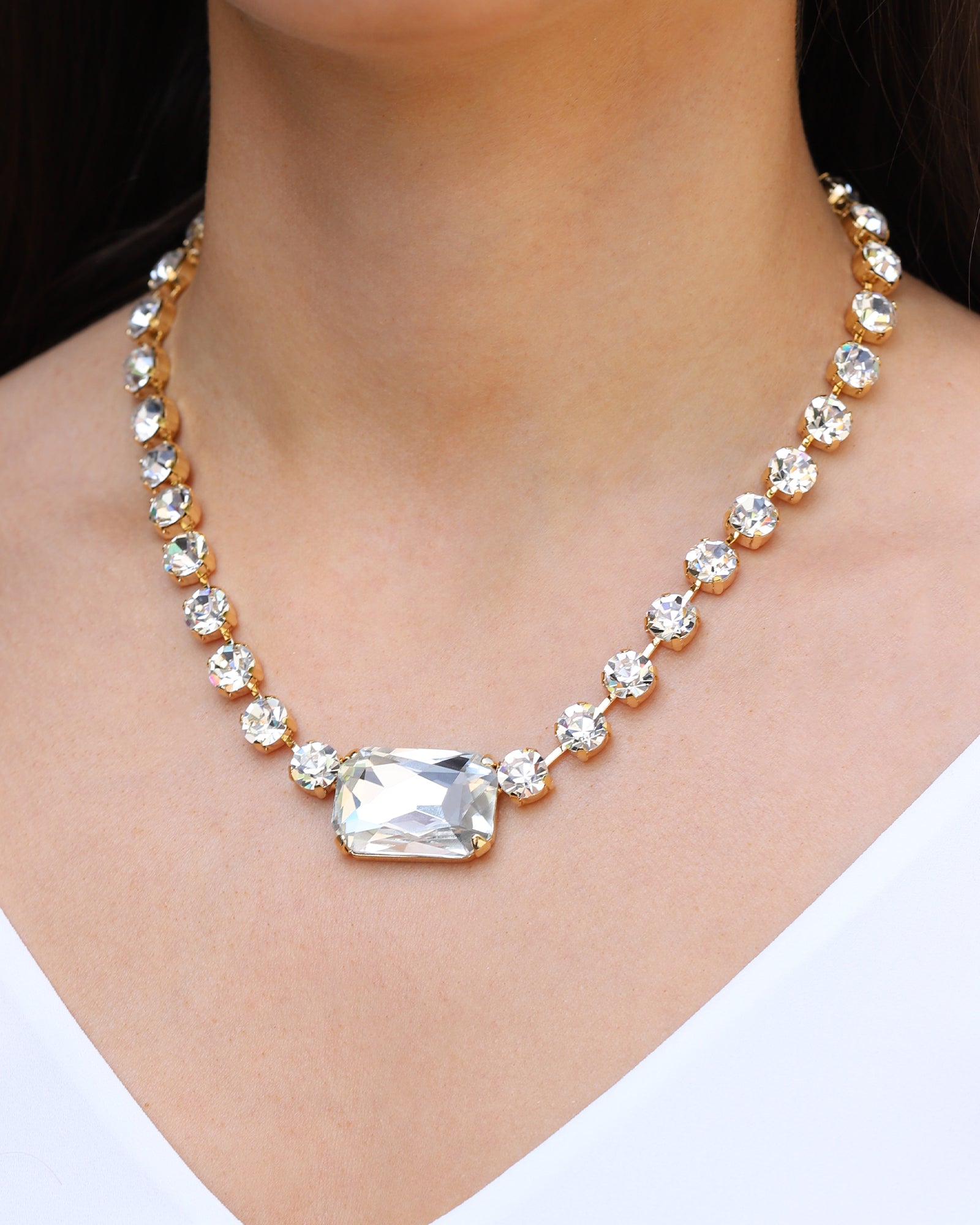 Emerald & Round Cut Crystal Necklace Gold Plated, White Crystal