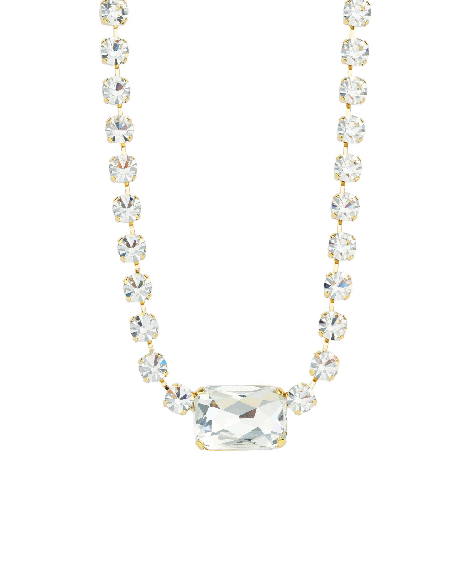 Emerald & Round Cut Crystal Necklace Gold Plated, White Crystal