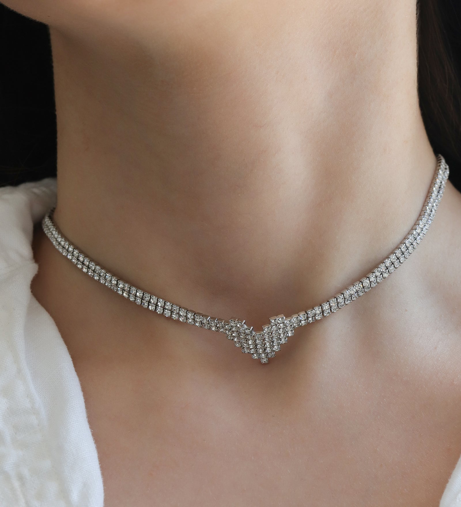 Heart 2 Row Crystal Necklace Silver Plated, White Crystal