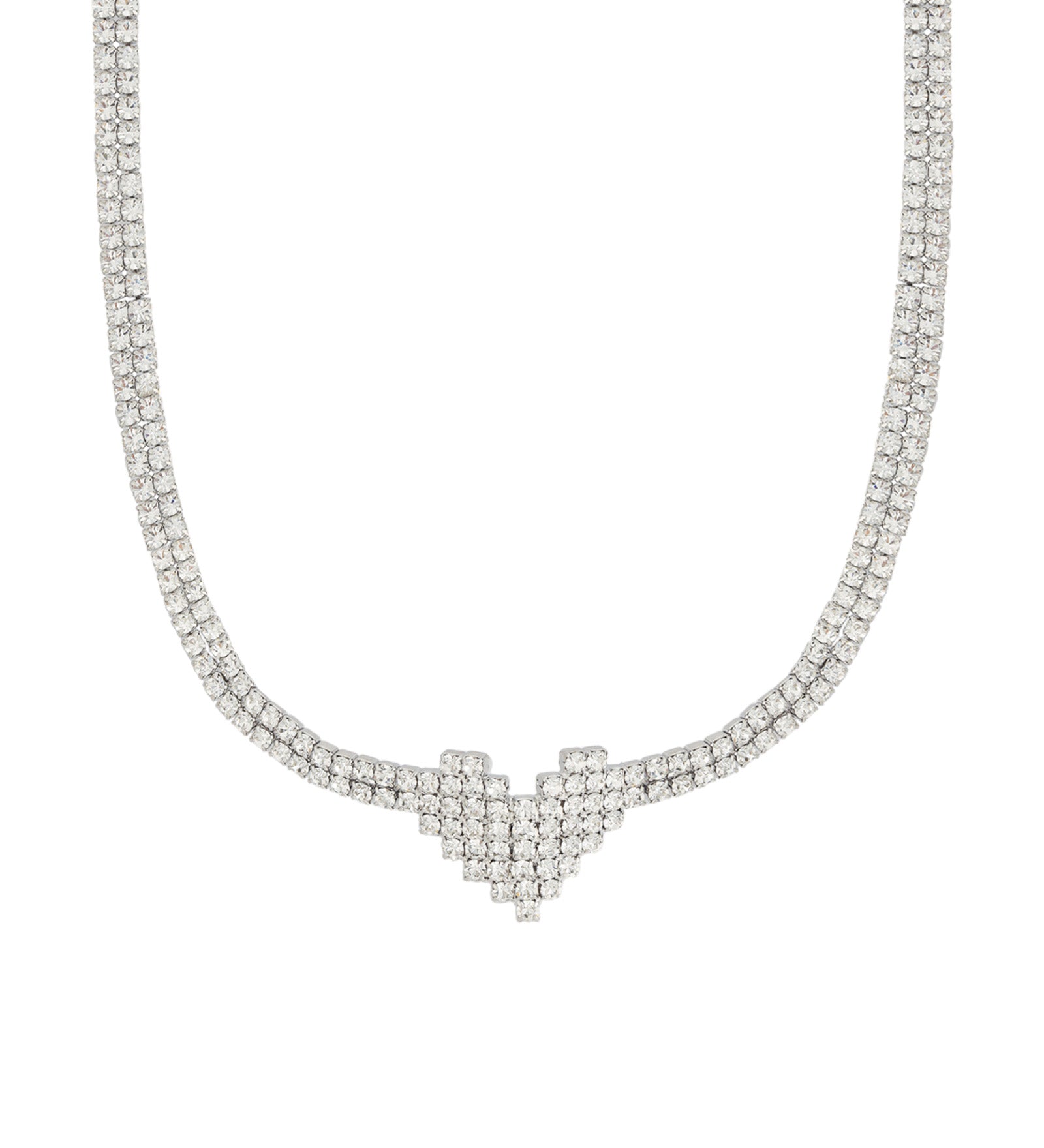 Heart 2 Row Crystal Necklace Silver Plated, White Crystal