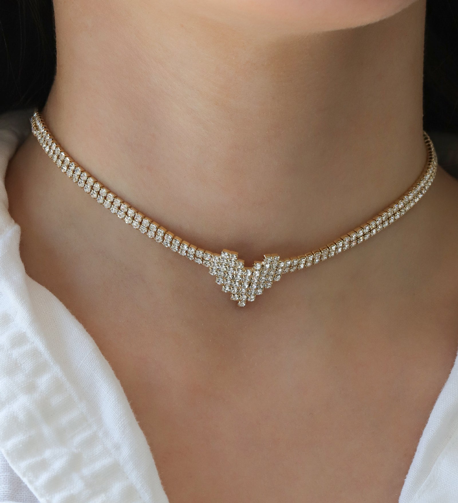 Heart 2 Row Crystal Necklace Gold Plated, White Crystal