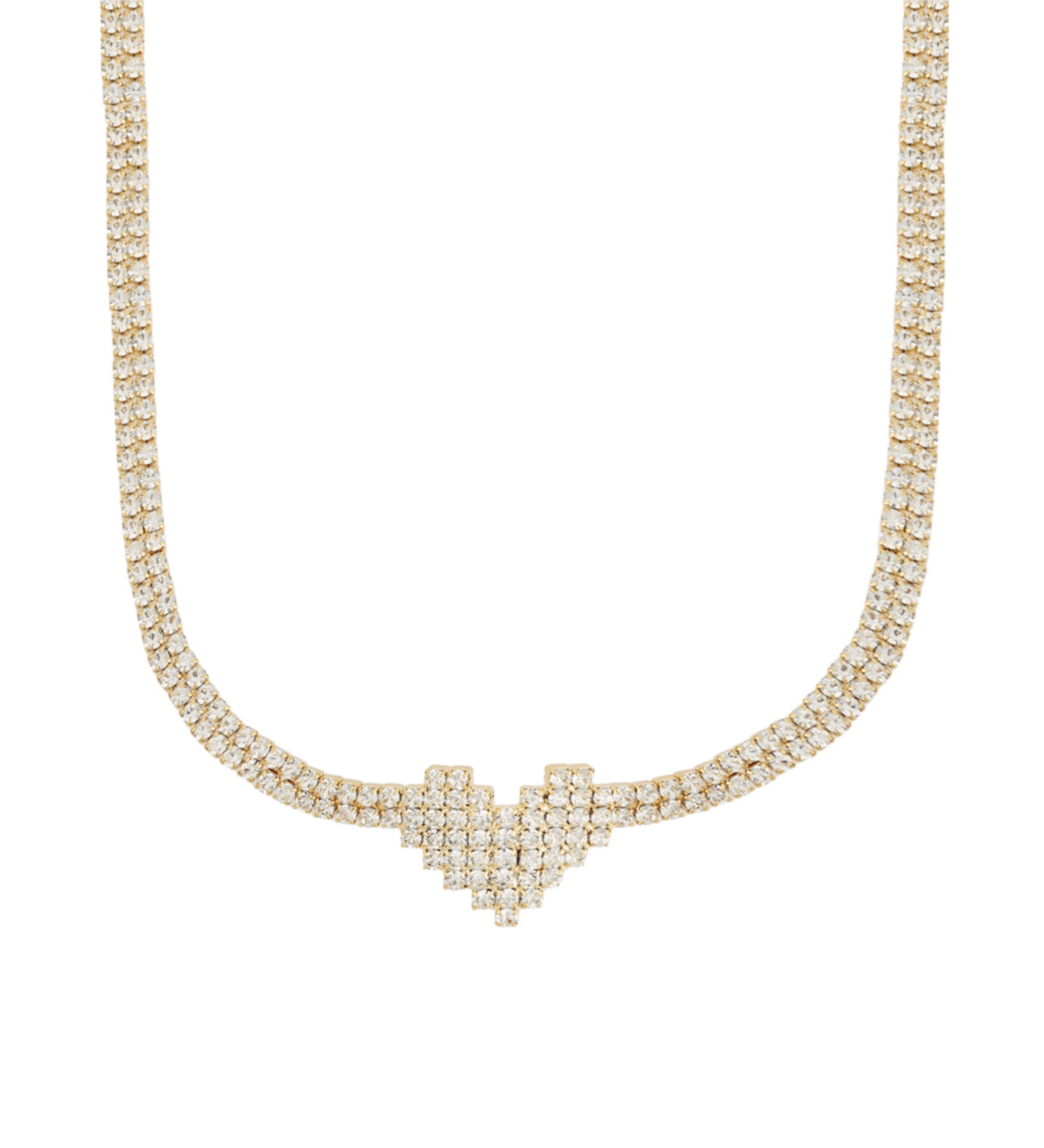 Heart 2 Row Crystal Necklace Gold Plated, White Crystal